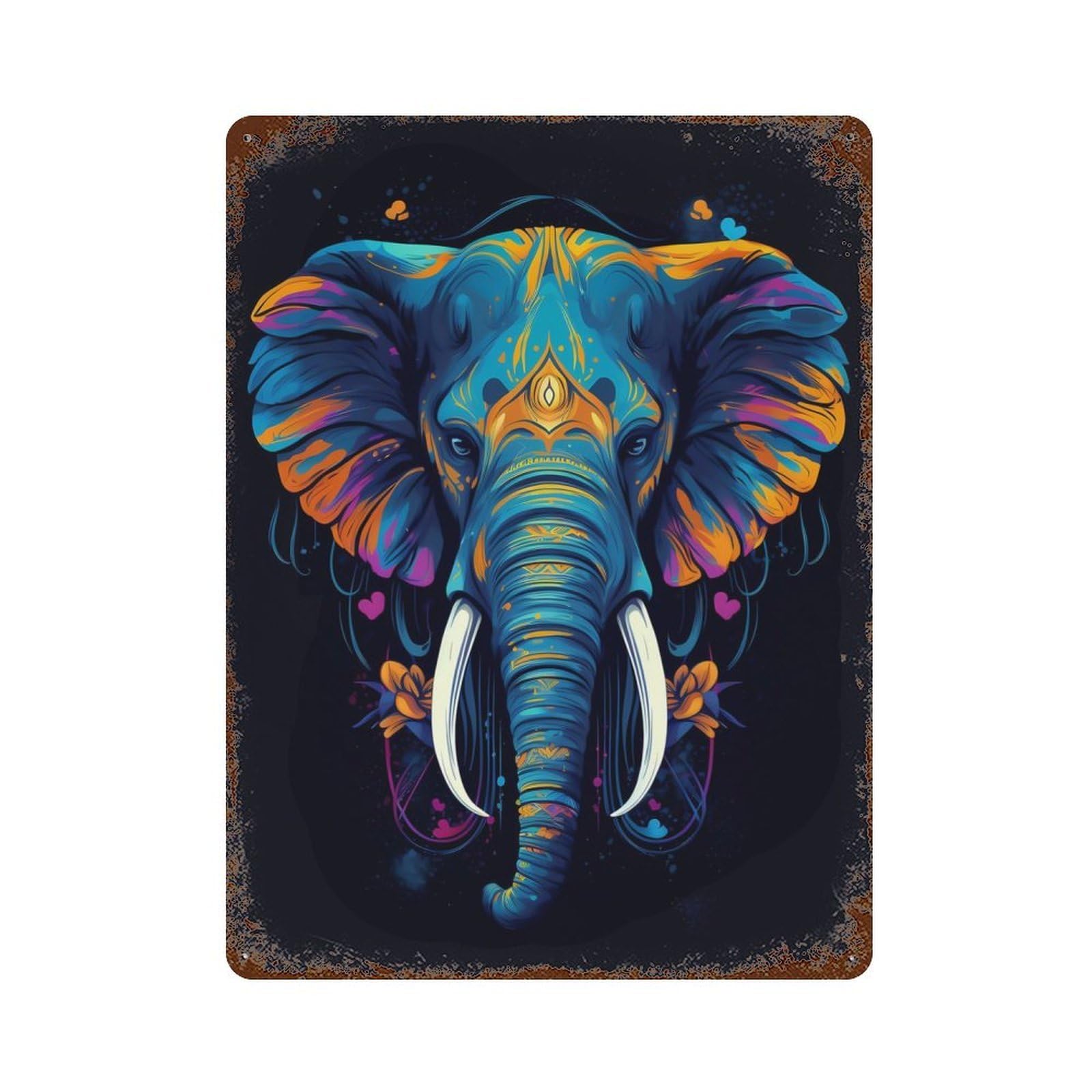 Rust Effect Vibrant Elephant Art Rusty Metal Tin Sign 15.7"x11.8", Old School Wall Decor for Farmhouse, Kitchen And Entryway Decor
