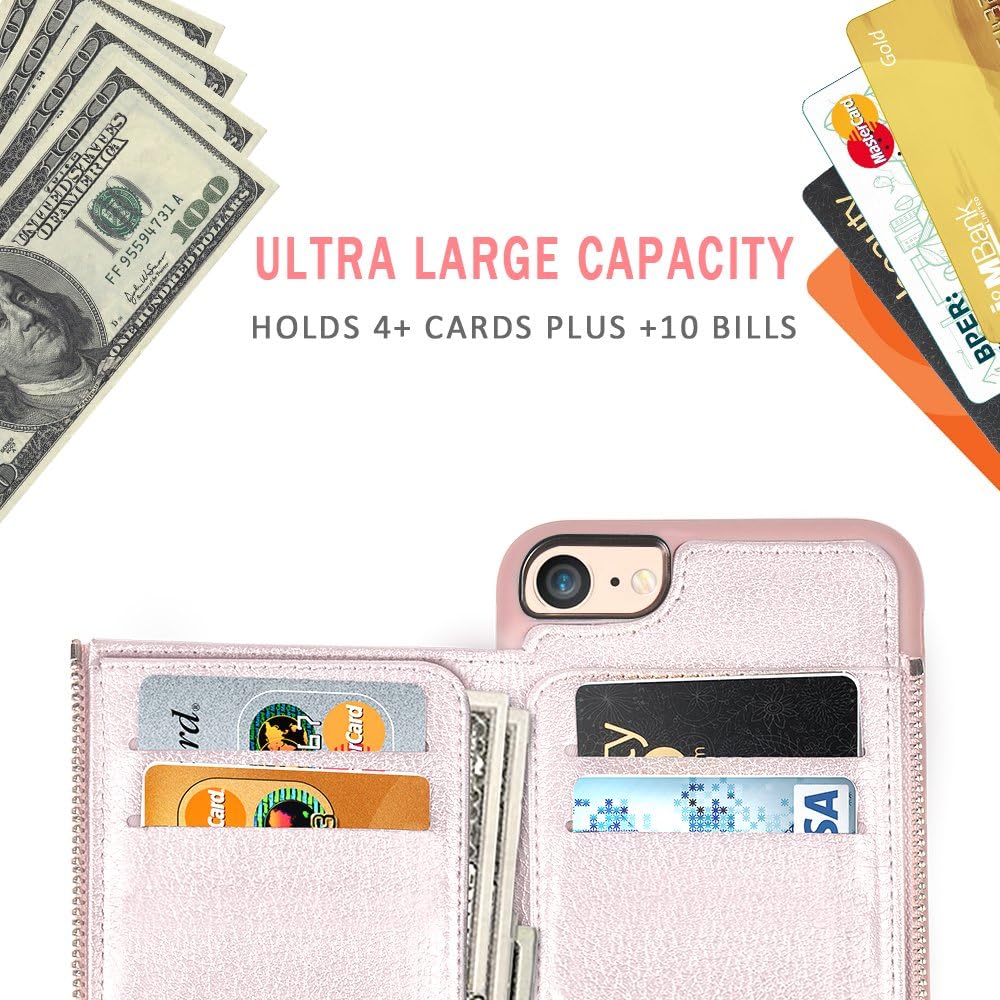 LAMEEKU iPhone SE(2022) iPhone SE(2020) iPhone 7/8 Case Wallet RFID Blocking Leather Credit Card Slot Holder Cover with Zipper Wallet, Protective for Apple iPhone 7/8/SE2/SE3 4.7 inch - Rose Gold