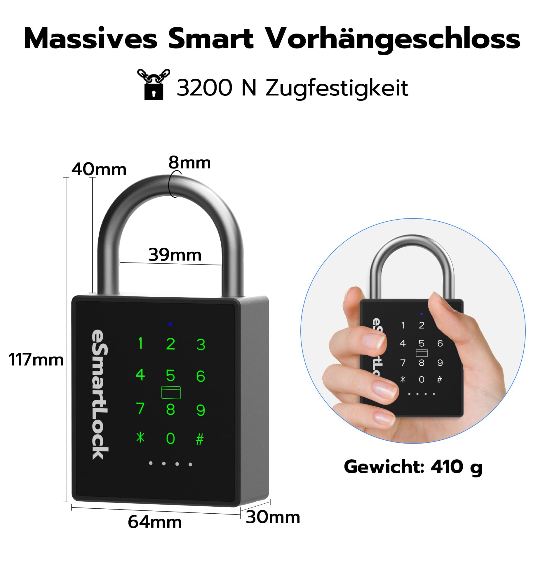 Smart Zahlenschloss Vorhängeschloss, Wetterfestes Vorhängeschloss Groß mit Schlüssel, Bluetooth Schloss mit Zahlencode RFID, IP68 Elektrisch Intelligentes Lock für Tür Garten Spind Keller
