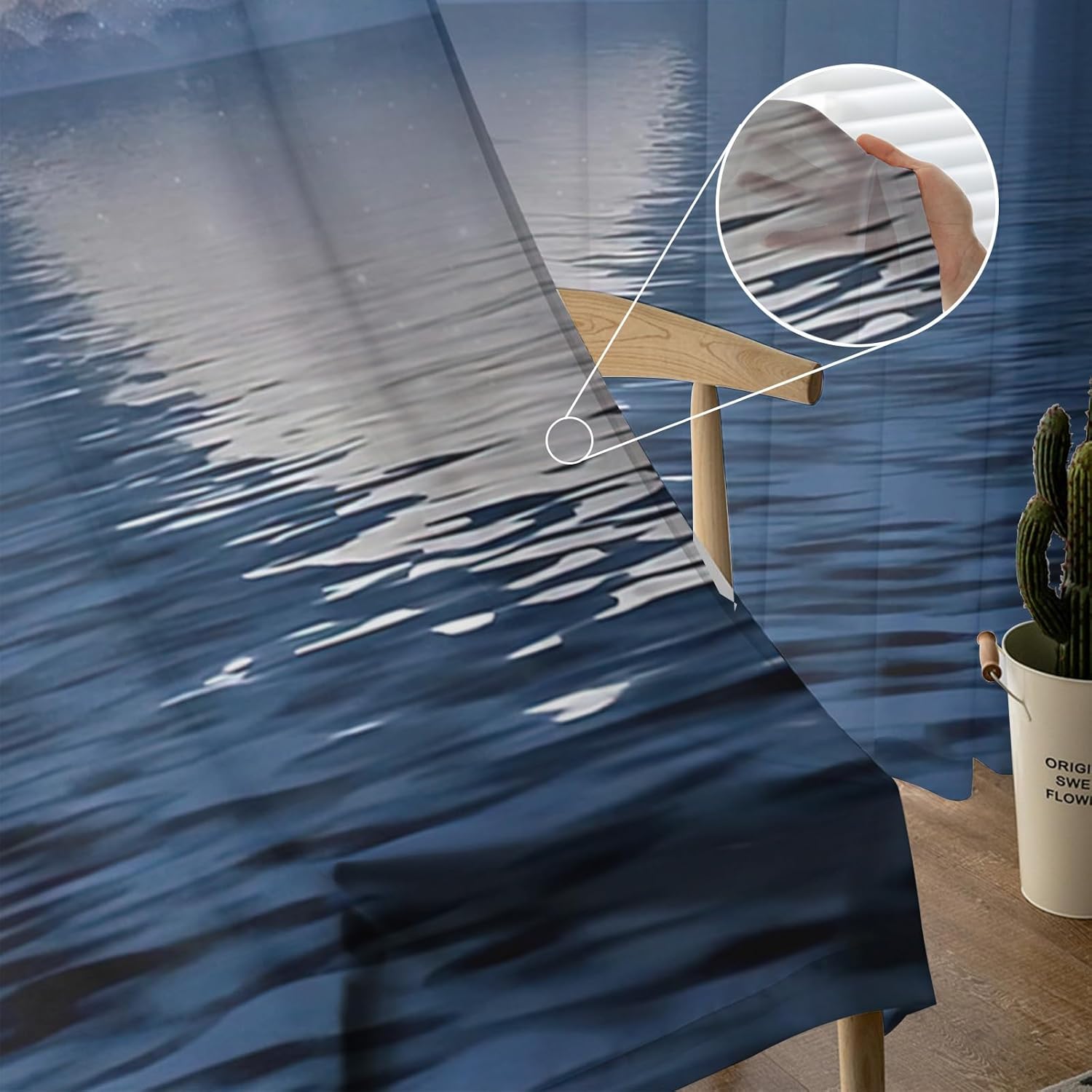 Ocean Moon Sheer Curtains 72 Inch Length 2 Panels Set for Living Room/Bedroom, Blue Sea Seabirds Nautical Classic Scenery Semi Curtain Sheers Drapes Rod Pocket Curtains Window Treatment Set 52x72x2