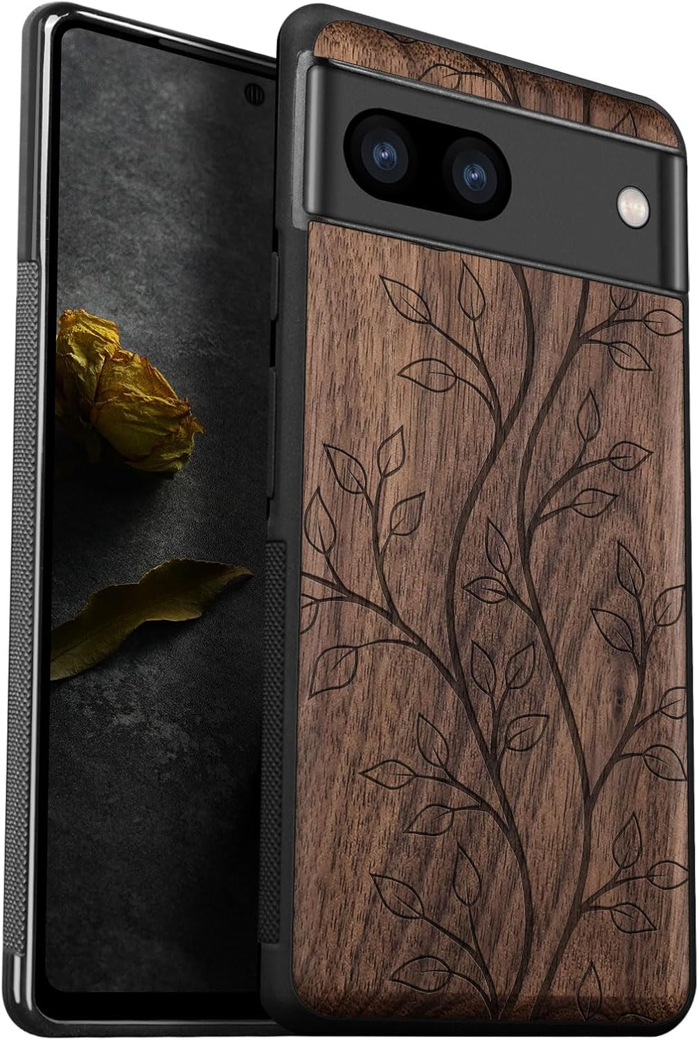 Carveit Wood Case for Pixel 7a Case [Natural Wood & Black Soft TPU] Shockproof Protective Cover Unique Wooden Phone Case Compatible with Google Pixel 7a (The Essence of Foliage-Walnut)