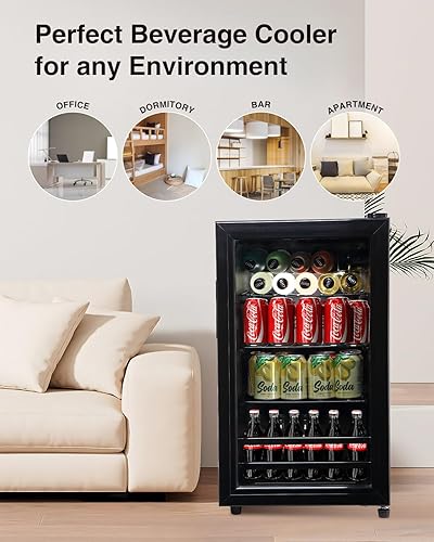 Miniatura 6 de EUASOO Refrigerador de bebidas para 120 latas, enfriador de bebidas independiente con puerta de vidrio, estantes ajustables para cerveza, refrescos