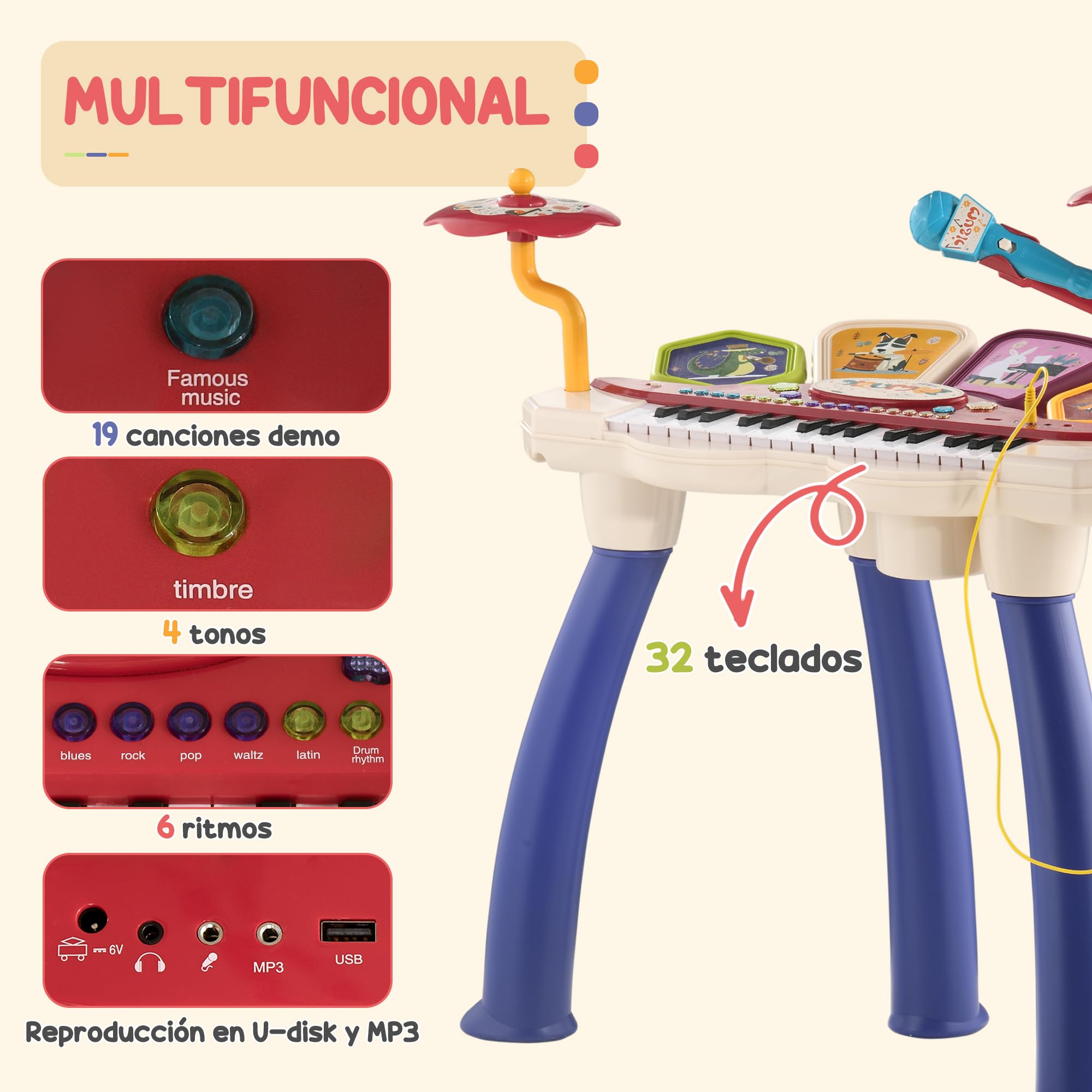 AIYAPLAY Piano Electrónico Infantil Piano para Niños 2 en 1 con 32 Teclas Batería Taburete Micrófono 19 Canciones y Volumen Ajustable 74x32,2x71 cm Multicolor