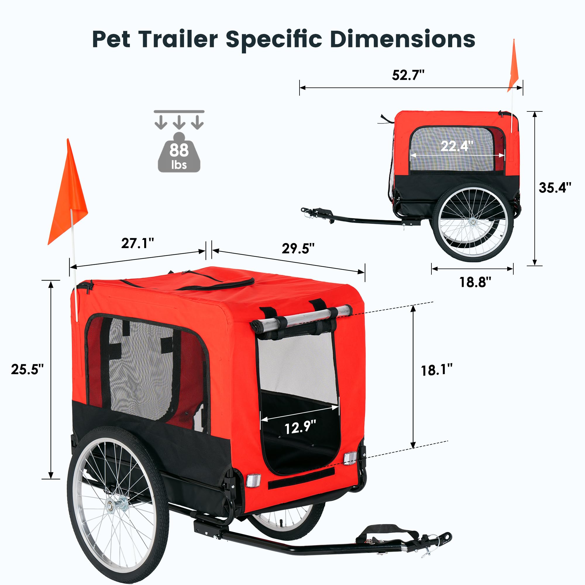 soges Großes Fahrradanhänger für Hunde bis 40 kg Faltbarer Hundefahrrad Anhänger aus 600D Oxford, Atmungsaktiver Mesh Hundefahrradanhänger, Hundewagen mit interner Leine, Sicherheitsreflektoren Rot