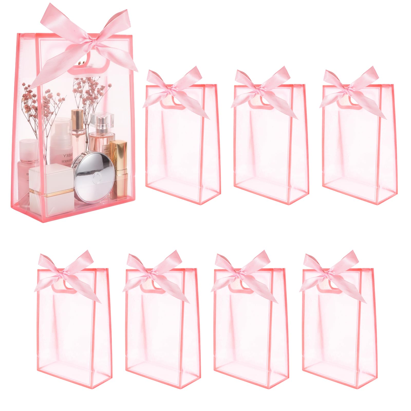 JEKUGOT 8 Pcs Girls Party Bags with Handle, PVC Clear Gift Bags with Ribbon Bow, Clear Pink Gift Bag for Baby Shower, Birthday Party, Wedding Bridal, Valentine's Day — image 1