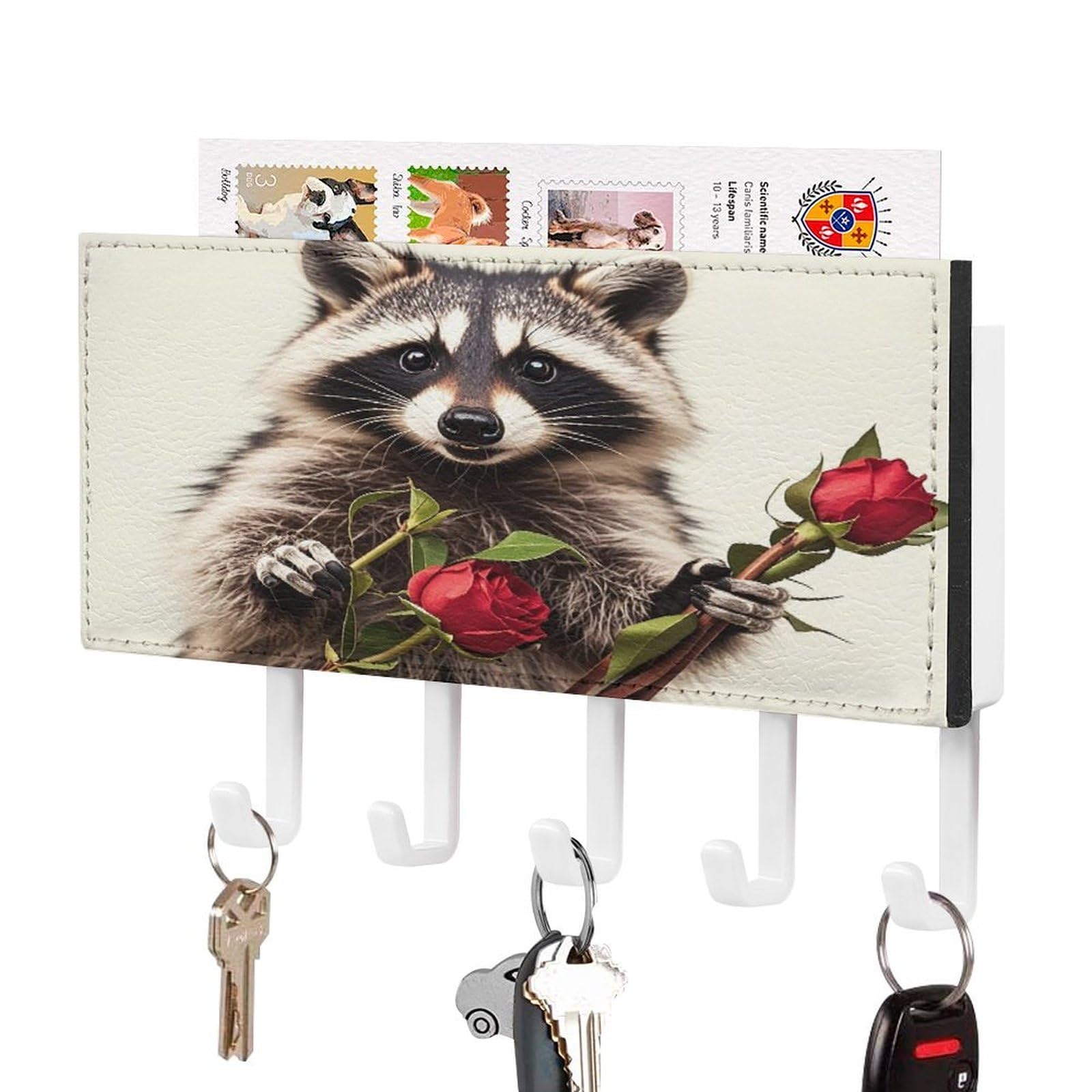 FekiLoot Funny Raccoon Key Holder Wall Mount Key Hanger with 5 Hooks Decorative Key Rack Hanging Key Hooks with Mail Organizer Key Holder for Wall Living Room Kitchen Bathroom Hallway White