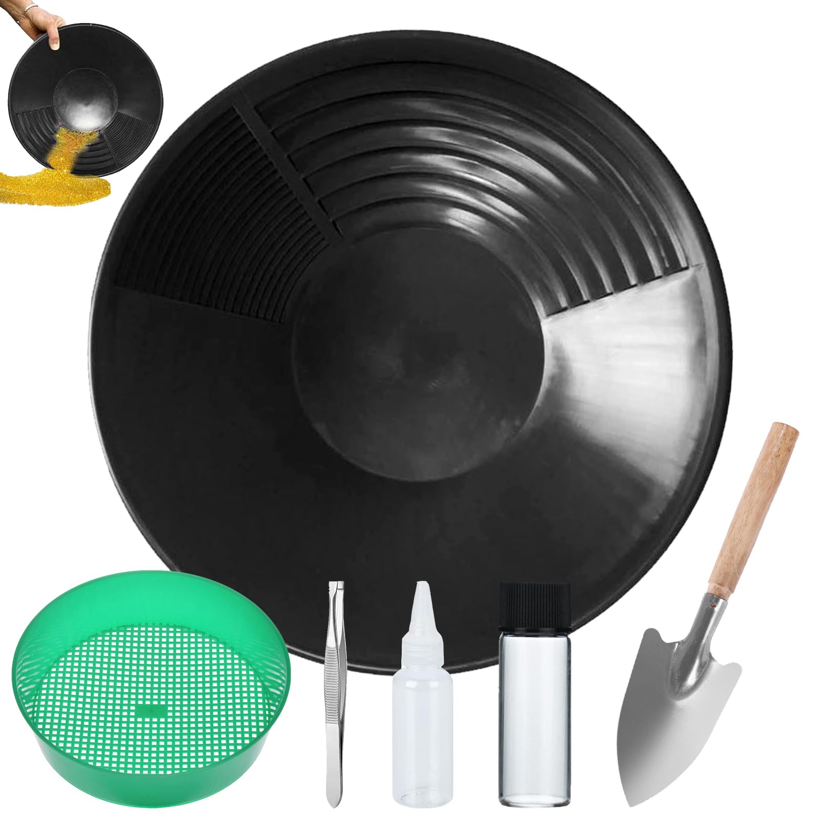 Gold Pan Kit,Bacino per la Ricerca Dell'Oro 38,5 cm,Setaccio per Oro,Classificatore D'Oro,Dell'Oro Gold Pan Kit,Oro Pans Setaccio Accessori,per Lavaggio Classificatore per Setacciatura