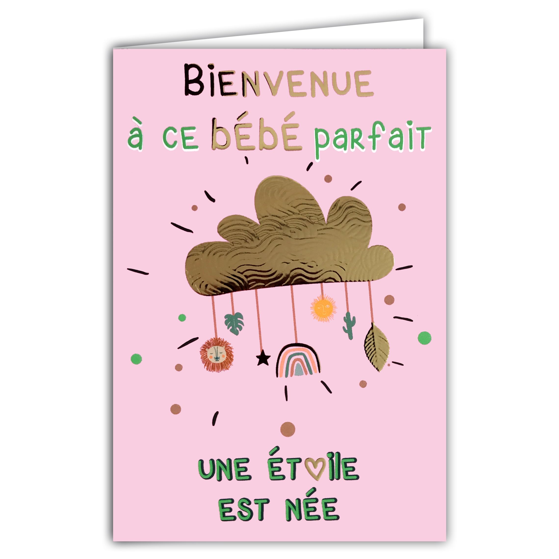 69-9042 Congratulations to Parents Card for Birth or Adoption Little Girl Welcome to This Perfect Baby Rainbow Cloud Shiny Gold + Envelope 12 x 17.5 cm – Creation Print Made in France