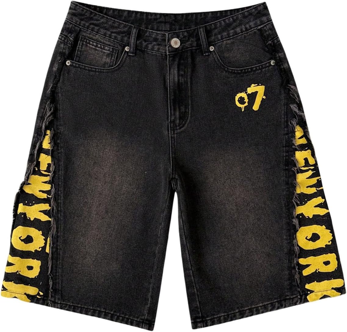 VIPWOLF Men's Y2K Jorts Wide Leg Denim Bermuda Shorts Washed Frayed Baggy Jean Shorts Hip Hop Drippy Streetwear