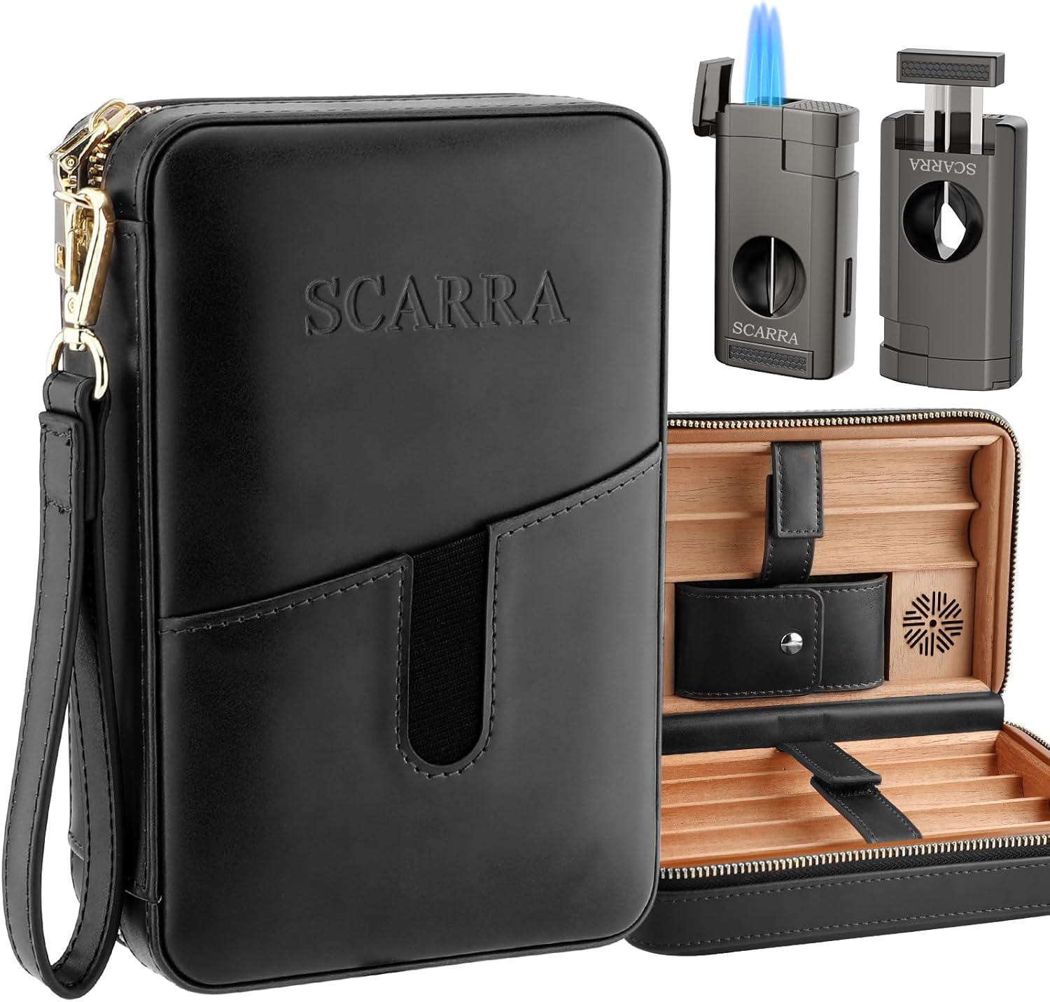 SCARRA Caja de humidor de cigarros de viaje con encendedor de puros, funda de madera de cedro de cuero, cortador de puros de corte en V, soporte