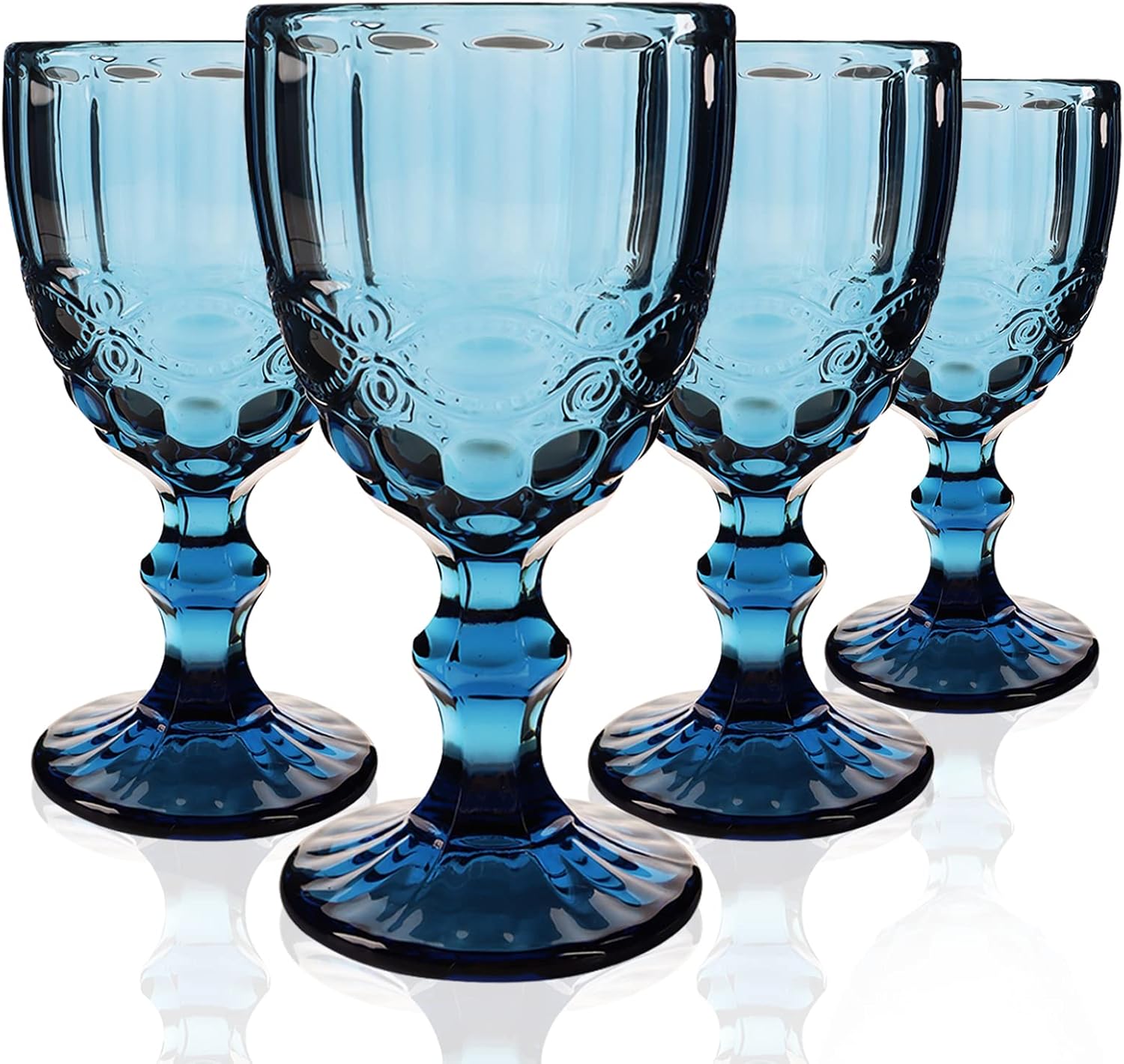 Wongblee Vintage Glass Goblets 10.8 Oz, Embossed Stemmed