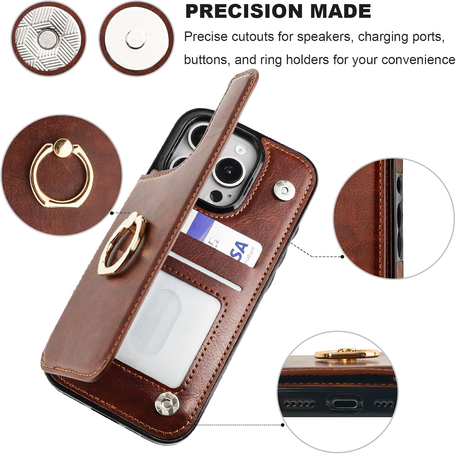 ONETOP for iPhone 16 Pro Wallet Case with Card Holder, 360° Rotation Ring Kickstand RFID Blocking PU Leather Double Magnetic Clasp Shockproof Cover for Women and Girls 6.3 Inch (Brown) - Image 7