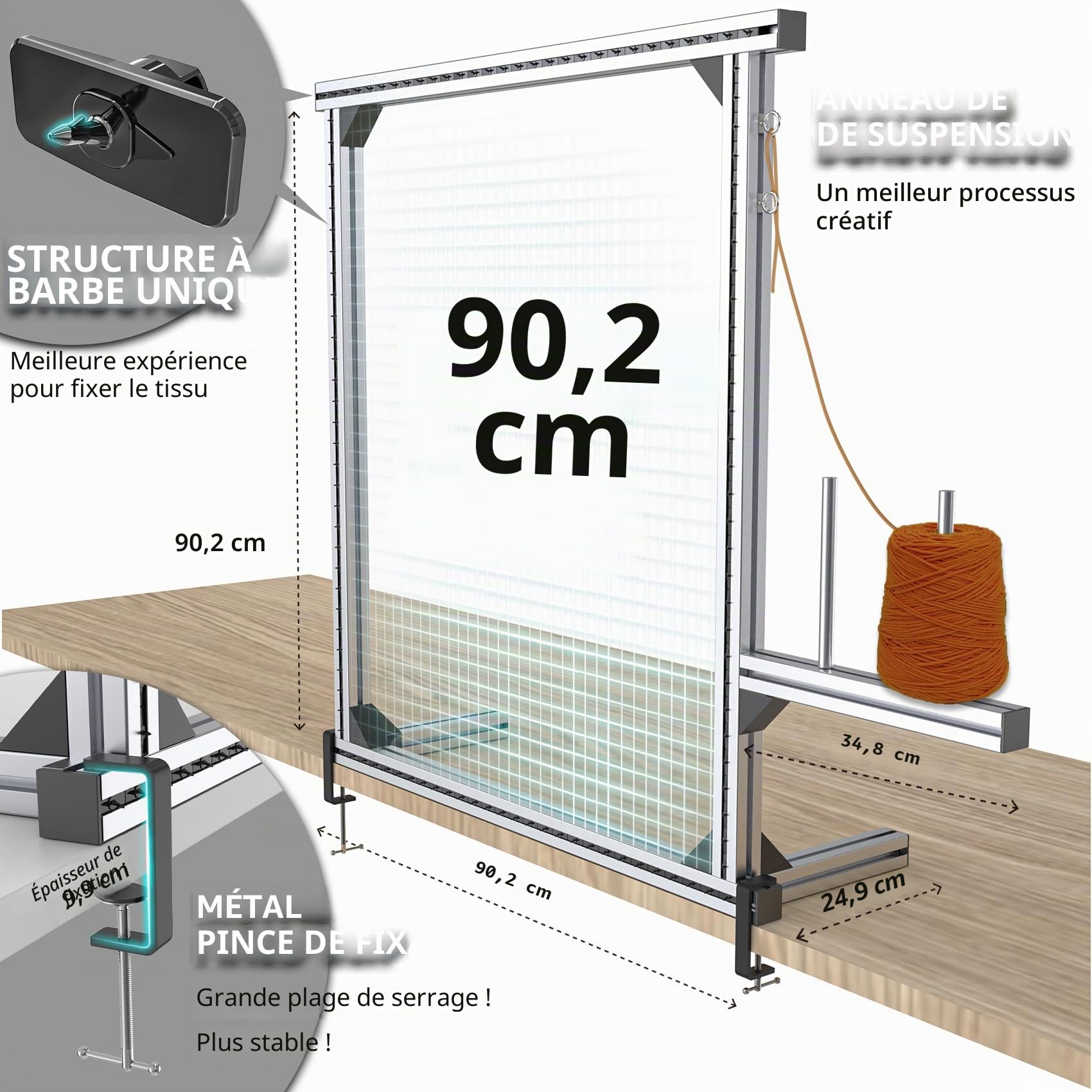 NODOCA Cadre de touffetage de 90 cm avec pointes, cadre en aluminium pour la fabrication de tapis, support de tissu touffeté pour débutants