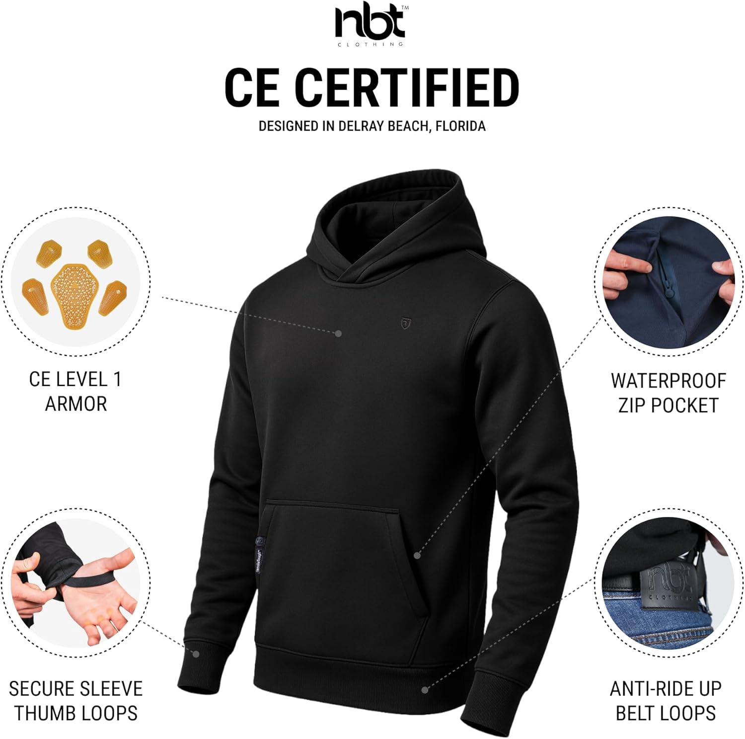 NBT Clothing Body Guard Hoodie 2.0 – Men’s CE AA Aramid Protective Pullover with Removable Armor – All-Season Riding Gear
