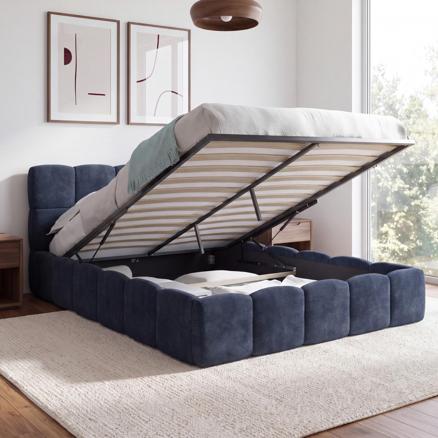 IDMarket - Lit Coffre Double Nuage 140 cm Bleu