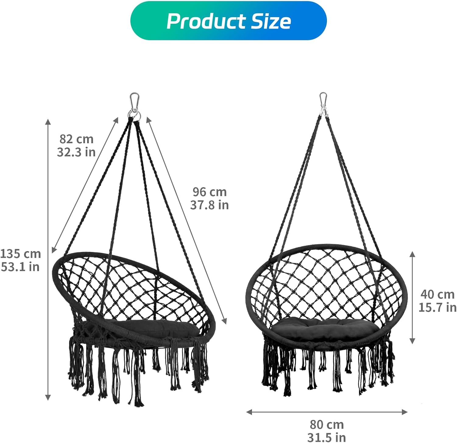 Hammock Chair 500 LBS Cotton Rope Handwoven Hanging Chair with Cushions, Large Hammock Swing with Chain and Pocket, for Indoor, Outdoor, Living Room, Bedroom, Black (Black)