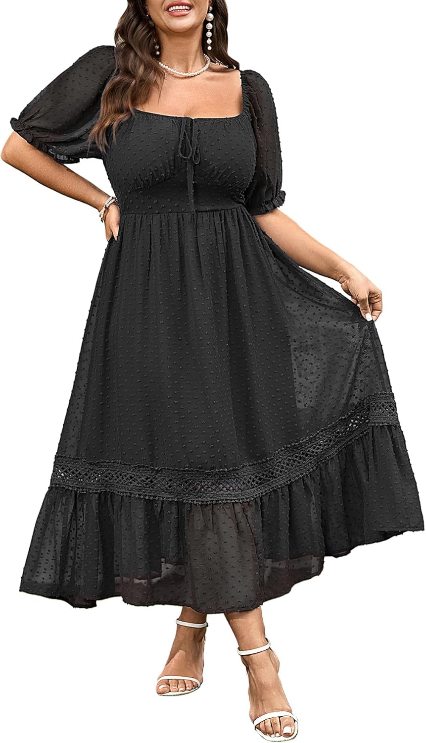 Women's Plus Size Maxi Dress Short Sleeve Square Neck Tie Front Swiss Dot A Line Wedding Guest Dresses