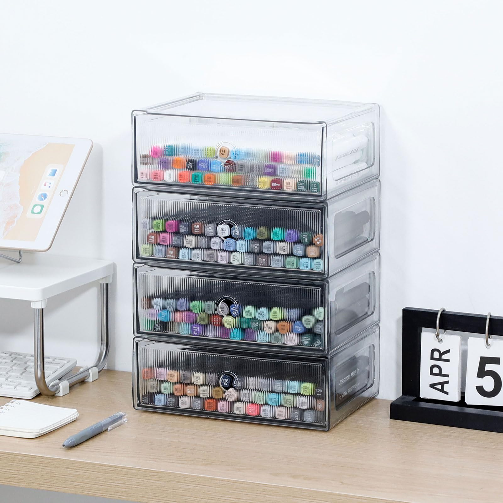 Organizzatori trasparenti per cassetti da scrivania, 4 cassetti, in plastica | Organizer da scrivania impilabile e accessori, per pennarelli, matite, cancelleria, per casa, ufficio, bagno, cucina