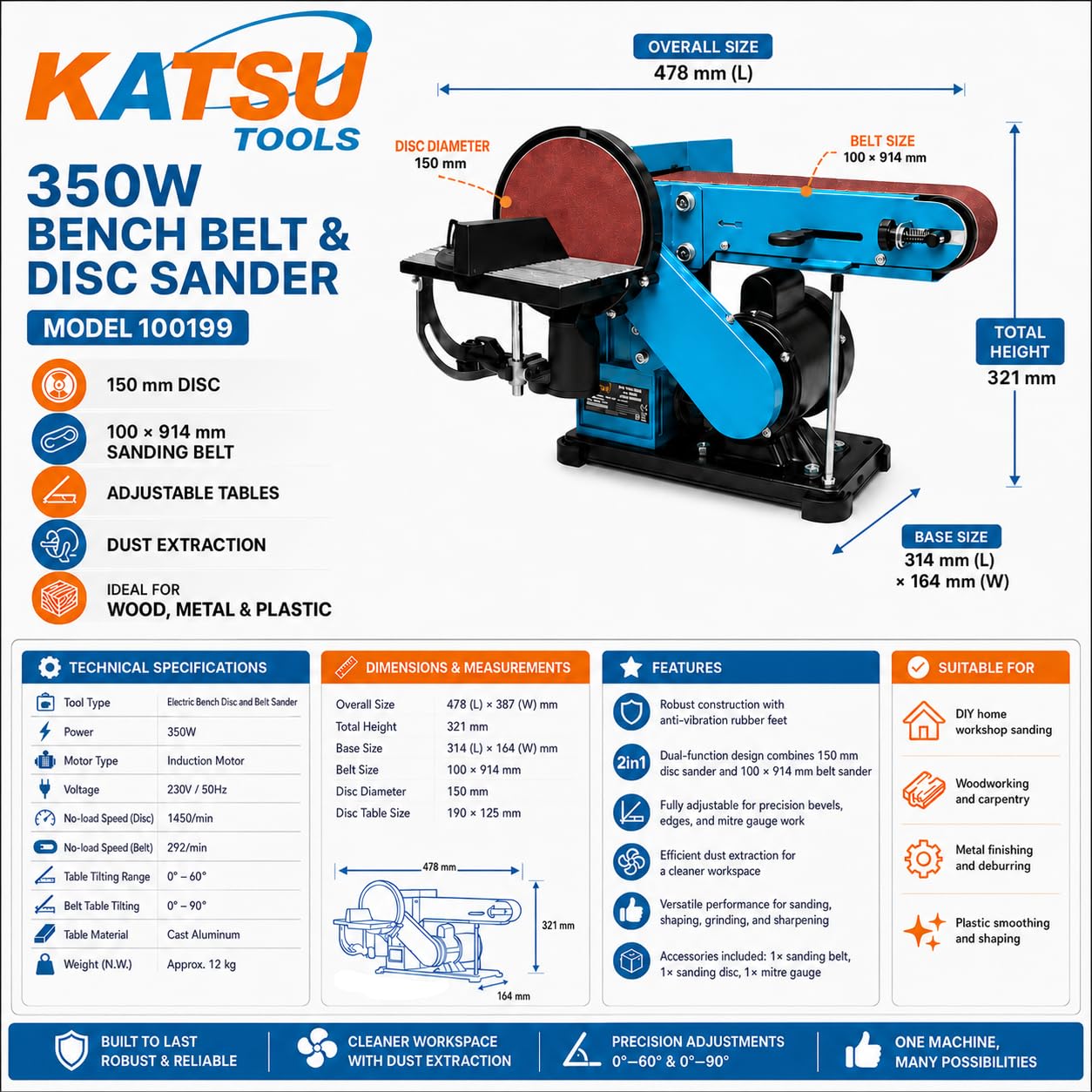 KATSU Tools Correa de banco y lijadora de disco de 350 W, disco de 150 mm, cinta de lijado de 100 x 914 mm, mesa ajustable y extracción de polvo, ideal para madera, metal, plástico, modelo 100199