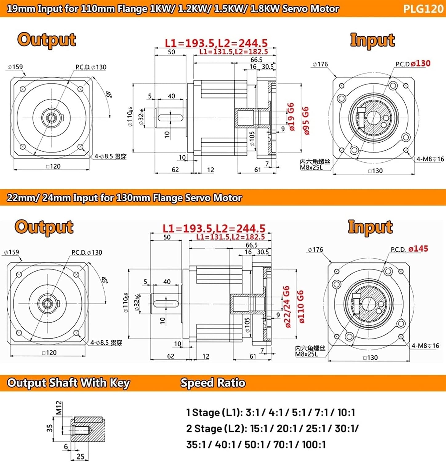 speed box Helical Gear Gearbox, 3:1,10:1-100:1 Ratio 19,22,24mm Input, High Precision Planetary Reducer for 110,130mm Servo Motor Welding reducer gearhead ( Size : Ratio 7 to 1 , Color : 19mm Input )