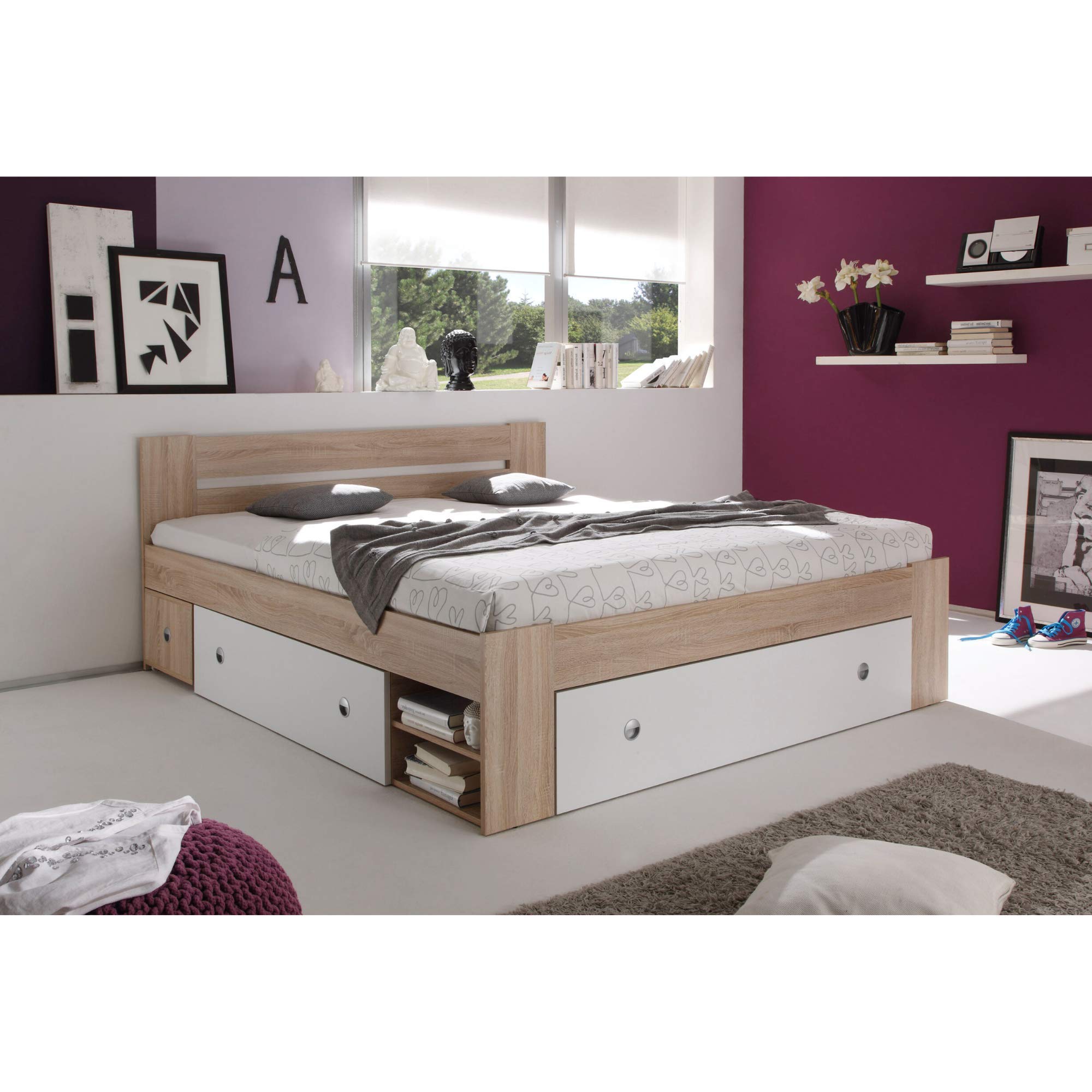 Stella Trading STEFAN Doppelbett Bettanlage 140 x 200 cm mit 2x Nachtkommoden - Schlafzimmer Komplett-Set in Eiche Sonoma Optik, weiß - 145 x 86 x 204 cm (B/H/T)