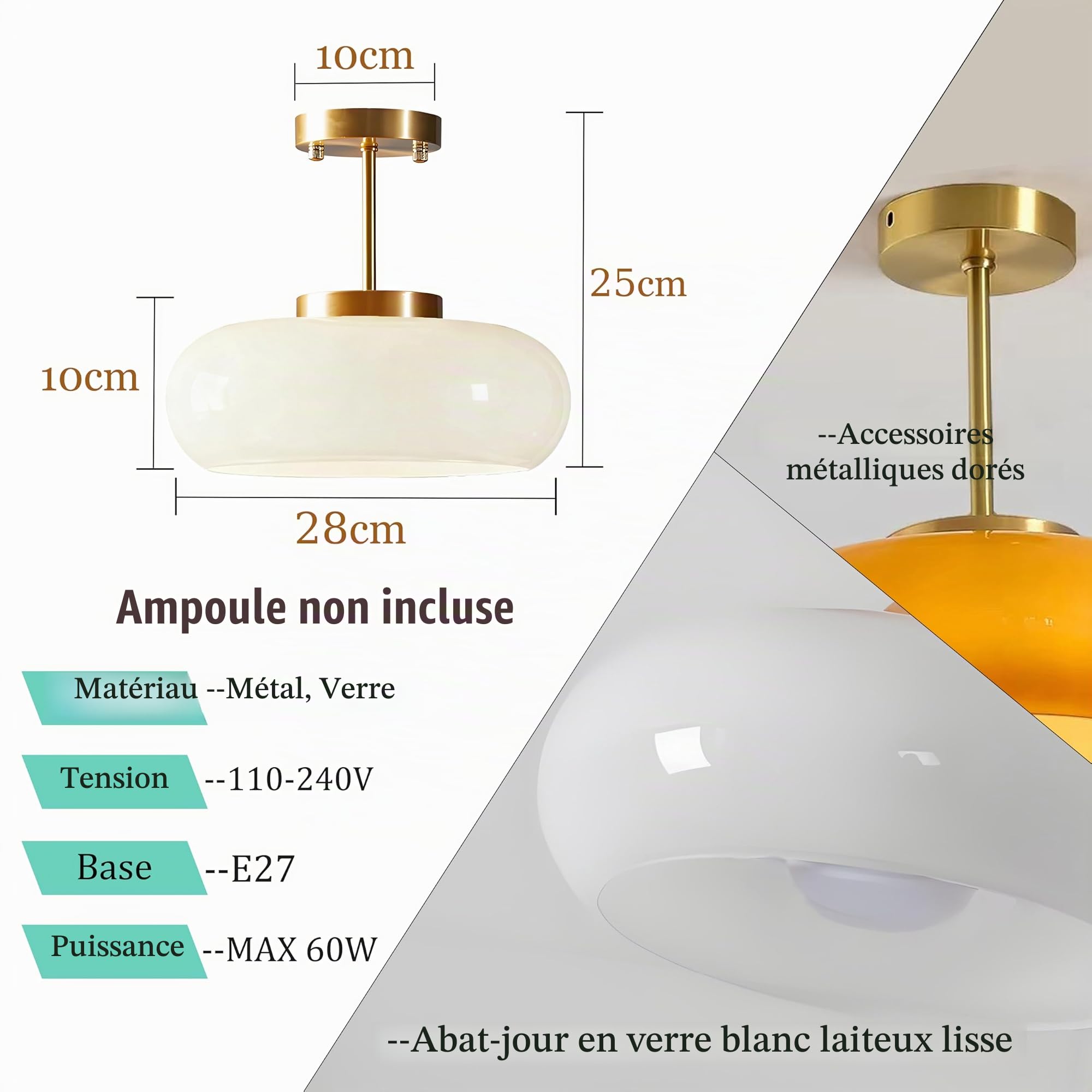 Plafonnier moderne rond en verre, Abat-jour en Verre Rond de 28cm avec Base Métallique Dorée, Éclairage de Hall pour Chambres,Salles à Manger,Cuisines plafonnier (Blanc crème, H25cm)