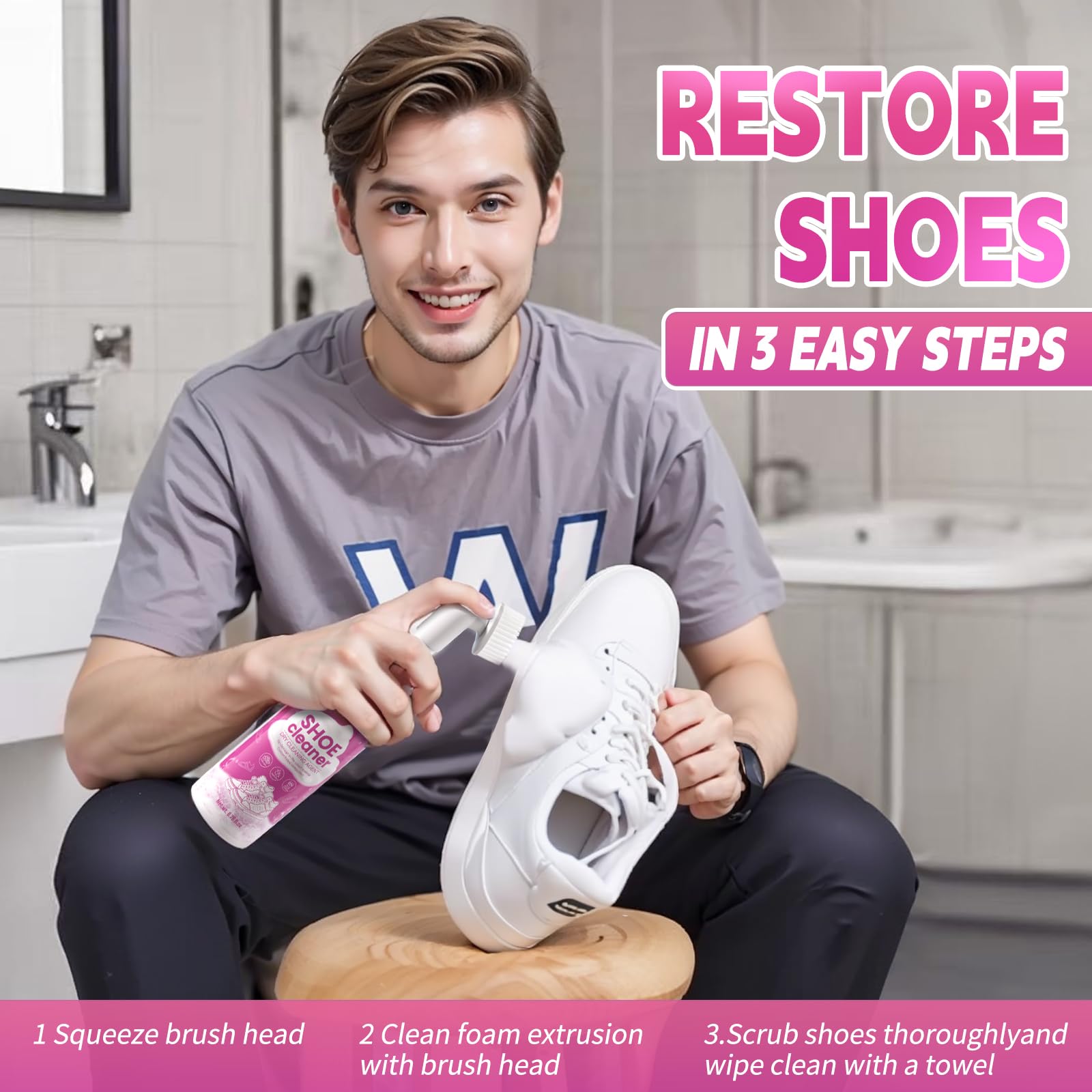 Kit de limpieza de zapatos rosa, espuma limpiadora de zapatos blanca, removedor de manchas sin agua para tenis, tenis, golf, gamuza, suela de lona