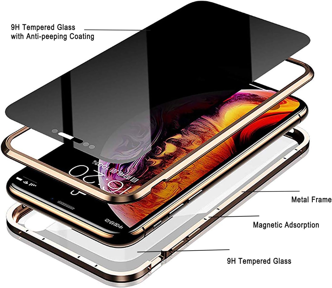 RANYOK Compatible iPhone XR Privacy Magnetic Adsorption Case, Double-Sided Tempered Glass with Built-in Screen Protector 360° Full Body Metal Frame Cover (Black)