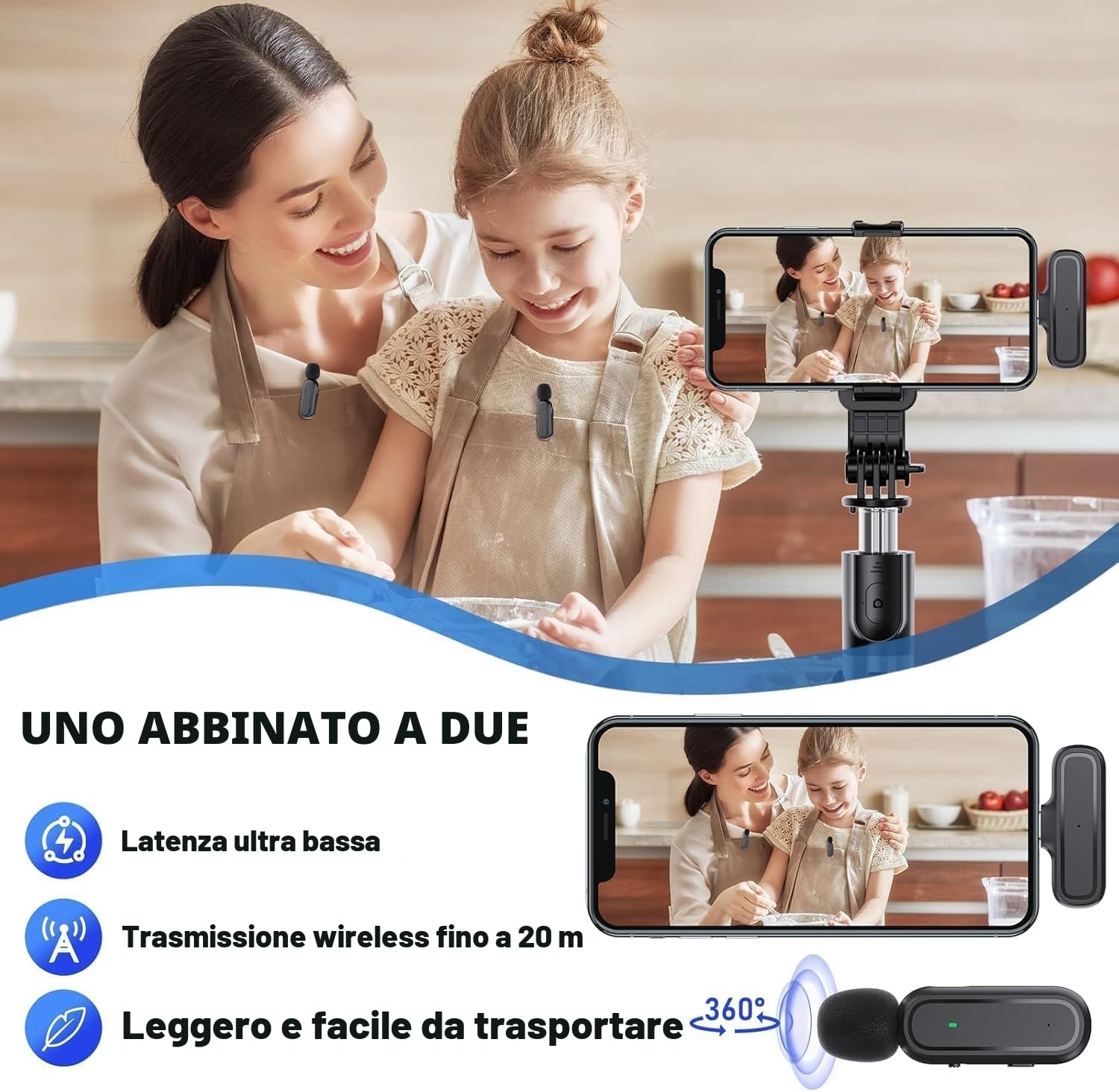Microfono Wireless per iPhone/Android/iPad - Microfono Lavalier con Custodia di Ricarica 42H, Riduzione Rumore, 65FT Portata - Mini Microfono per Video Social, YouTube, TikTok, Vlog, Live