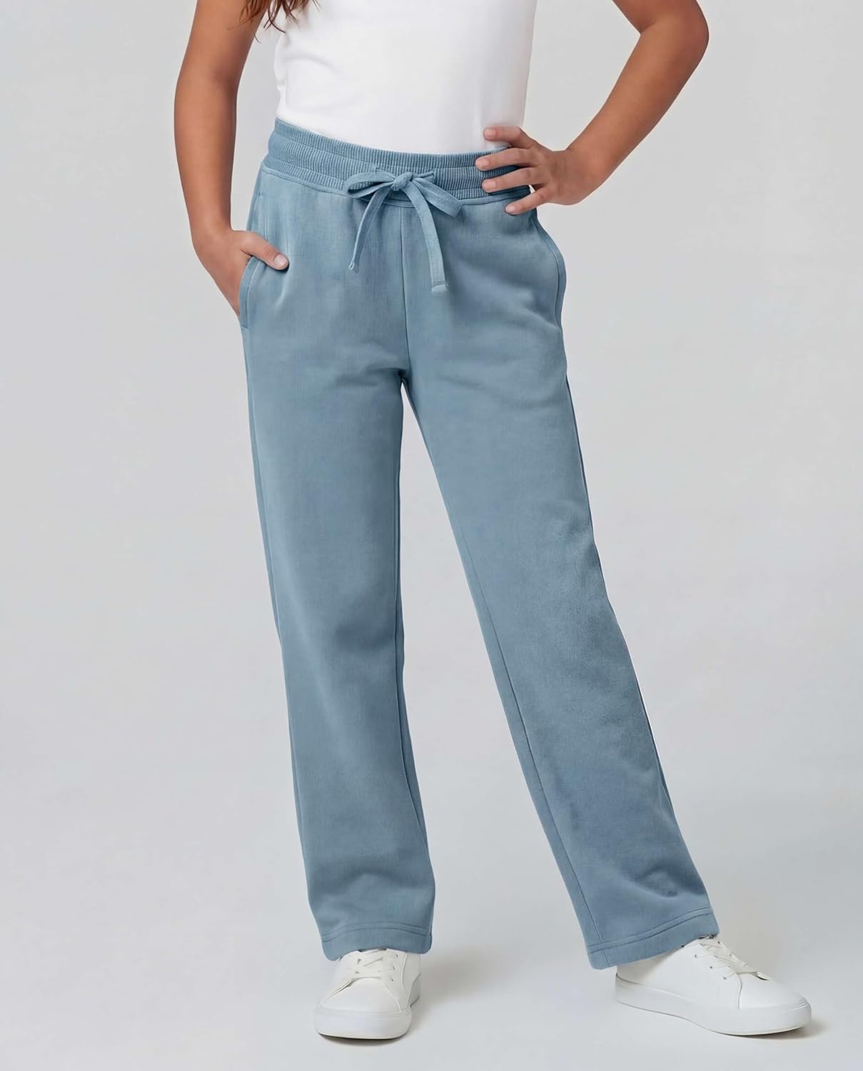 Real Essentials 3 Pack: Girls' Fleece Open Bottom Soft Athletic Performance Casual Sweatpants(Ages 7-16)