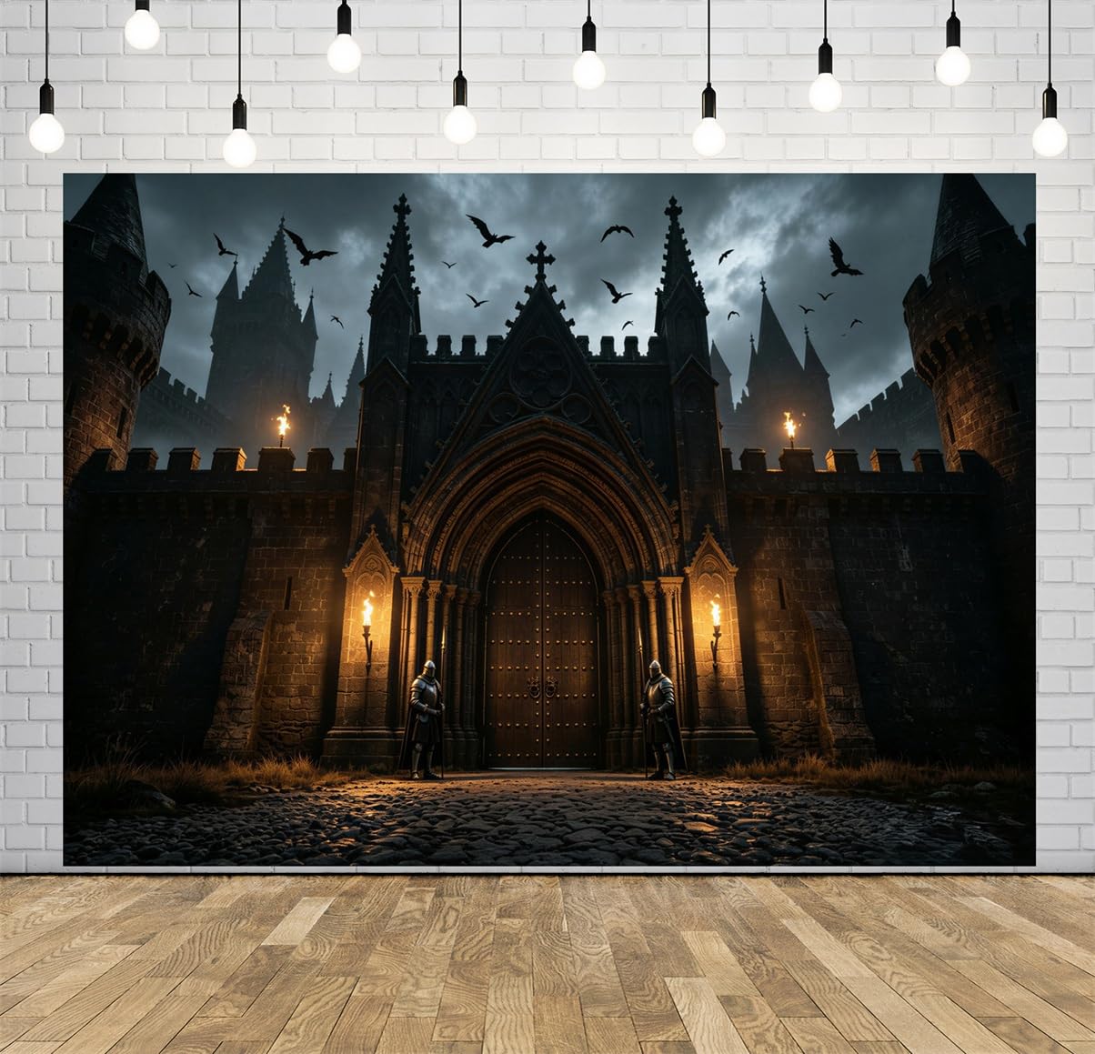 BELECO 3.6x3m Sfondo in tessuto Castello Medievale Infestato Gotico | Castello Spaventoso Oscuro Cavalieri Torce Pipistrelli Sfondo Festa Halloween Telo Di Sfondo