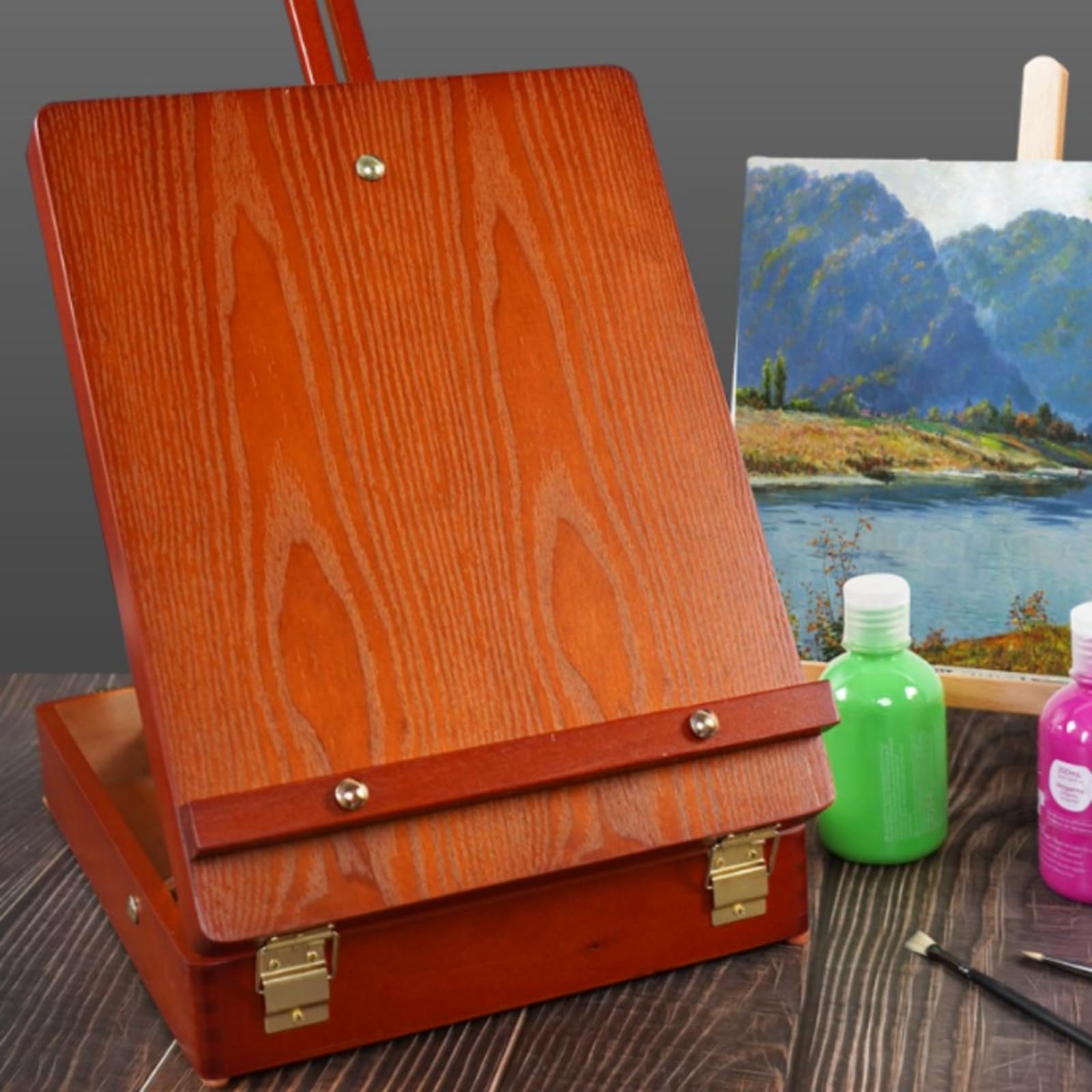 Malkoffer Holz Staffelei Box Malbox Zeichenkoffer mit Stabilem Deckel als Tischstaffelei Innenfächer für Material Abgerundete Ecken für Atelier Reise Outdoor, Rotbraun