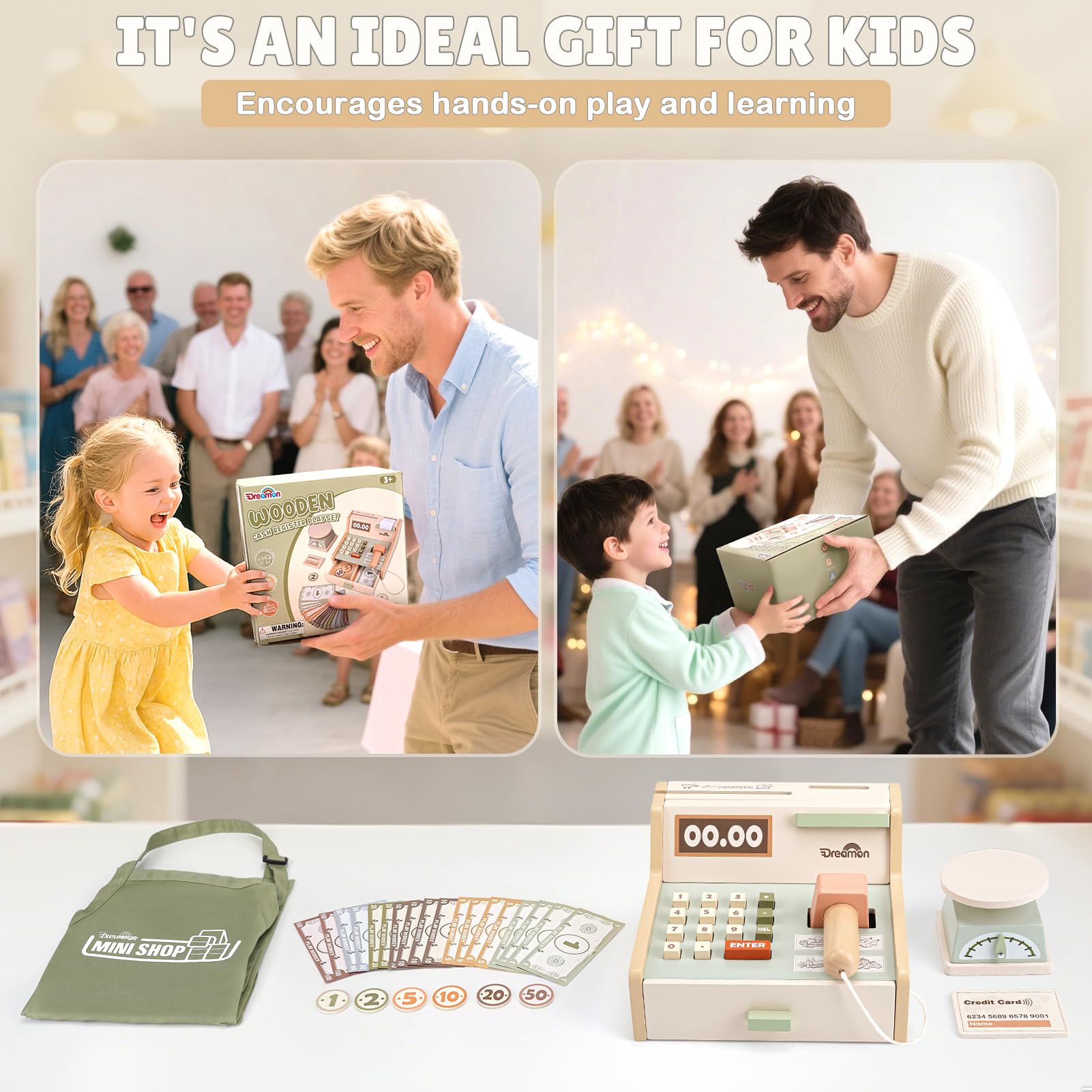 Dreamon Legno Cassa Giocattolo per Bambini, Registratore di Cassa Giocattolo Supermercato con Scanner Grembiule Regali per Ragazzi e Ragazze 3 4 5 6 Anni