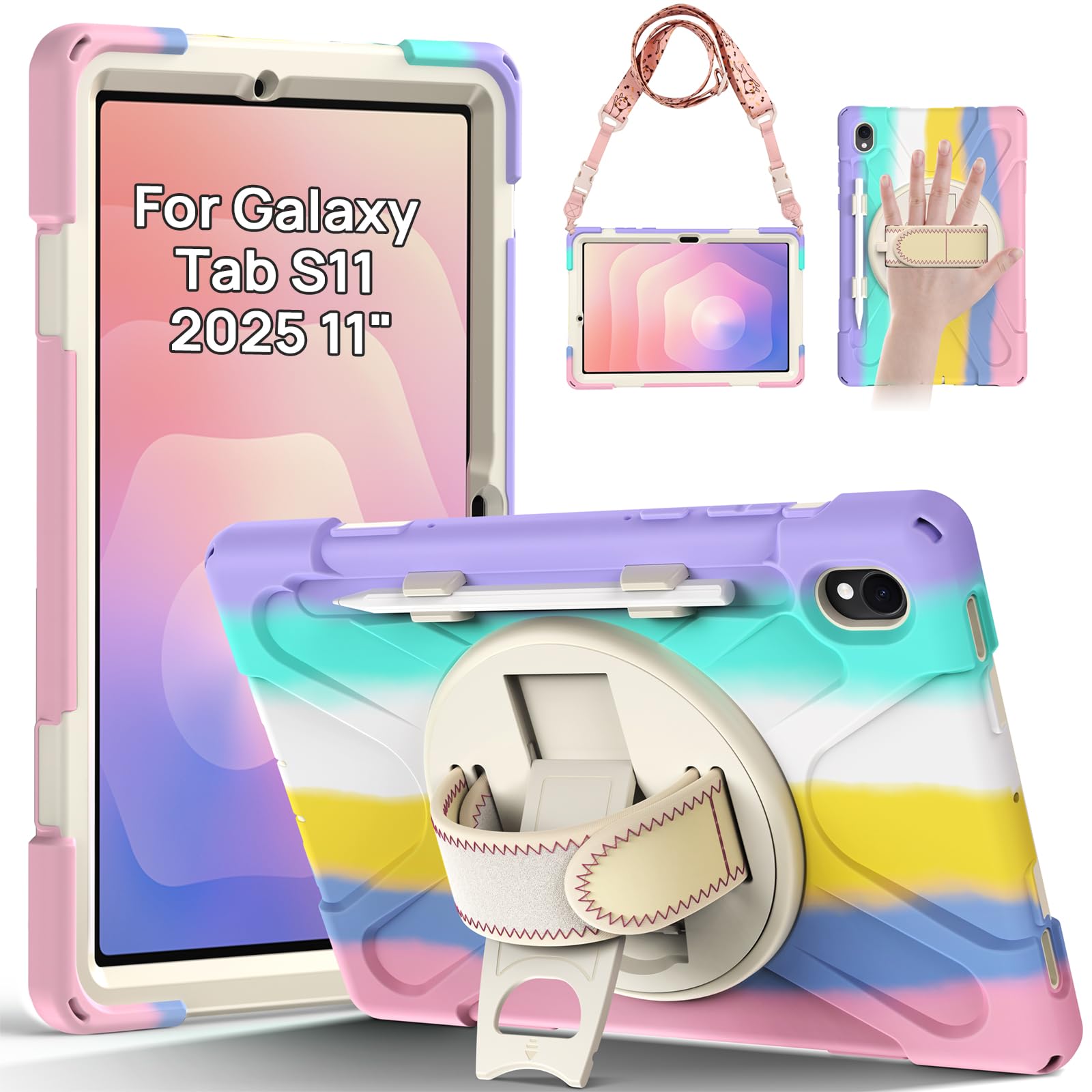 Gerutek Hülle für Samsung Galaxy Tab S11 11 Zoll 2025 (SM-X730/SM-X736), Stoßfeste Robust für Galaxy Tab S11 Hülle mit 360° Drehbar Stände/Handschlaufe Schultergurt,Case für Samsung Tab S11,Bunt Rosa