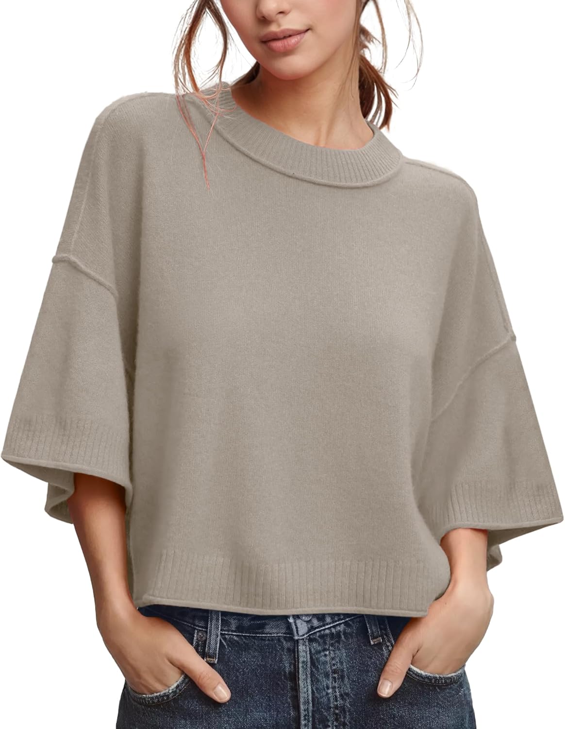 ZDC Women's Oversized Sweaters Summer 3/4 Sleeve Casual Cropped Tops Lightweight Loose Fit Knit Pullover
