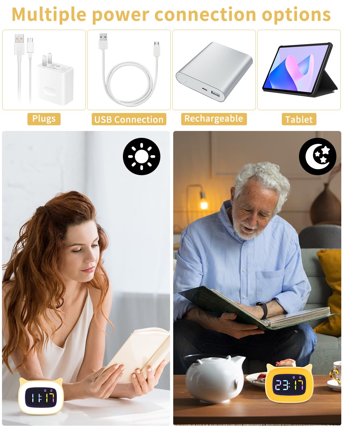 PERMUST LED Sveglia Bambini, Sveglia da Comodino, Luminosità Regolabile | Sveglia per Bambini, 18 Suonerie, Sveglia da Comodino Digitale di alta qualità, 4 Modalità, Porta di Ricarica USB