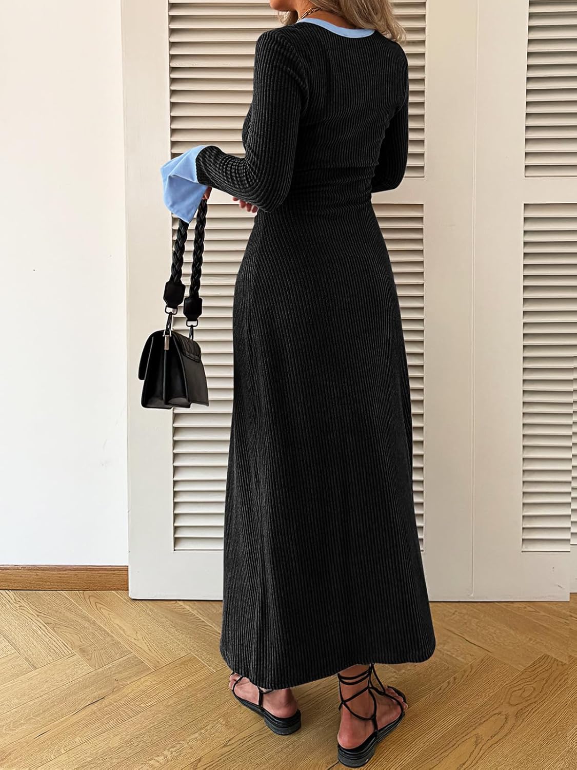 Womens Sweater Dress V Neck Ribbed Maxi Dress Long Bell Sleeves Button Down Slim Fit Bodycon Casual Knit Dress - Image 4