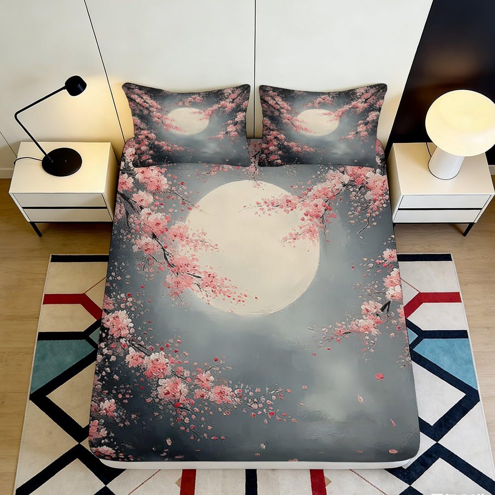 3D Printed Cherry Blossom Moon Fitted Sheet Microfiber Soft Grey Pink Bed Cover for Bedroom Guest Room Decor 160x200x25cm