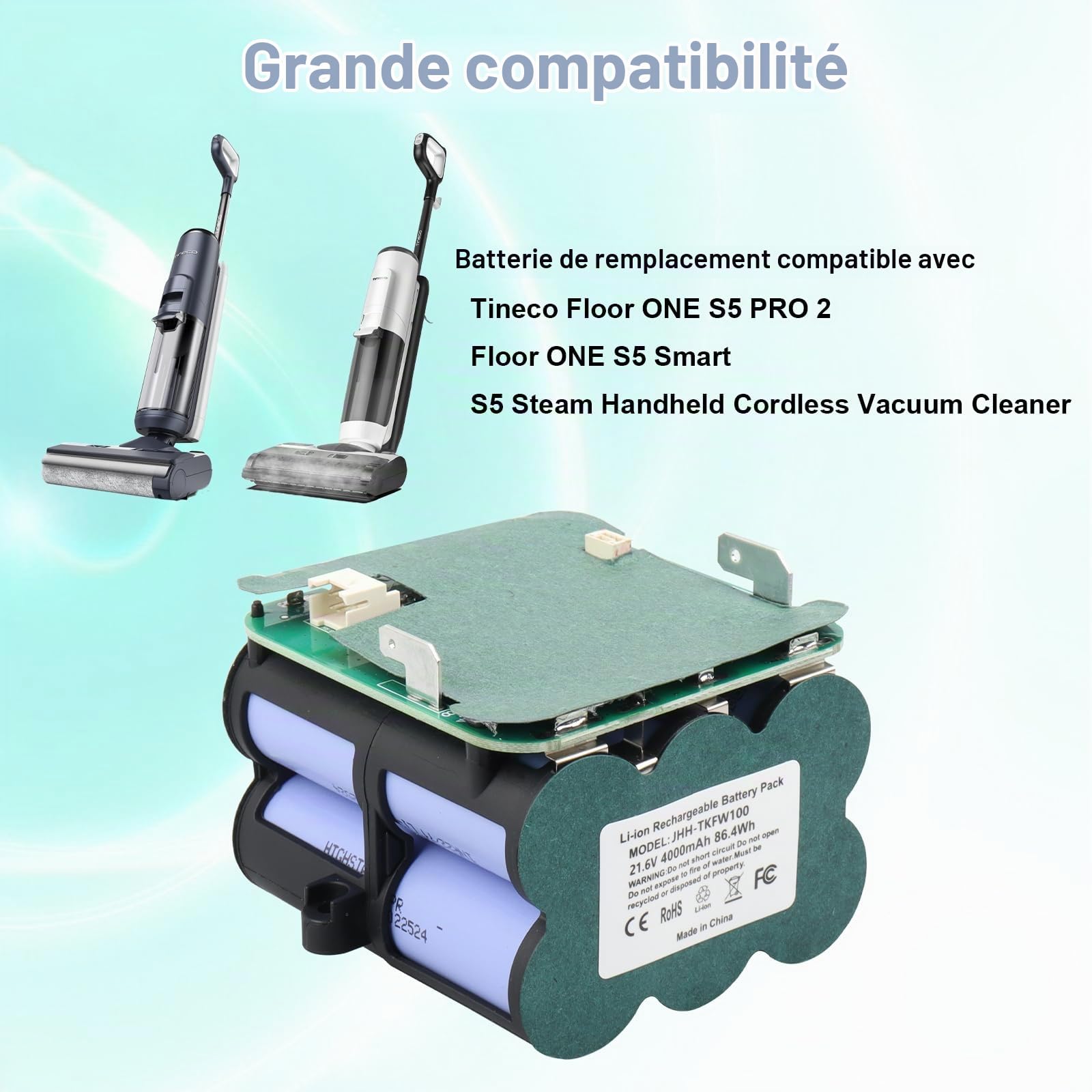 Batterie de Rechange au Lithium-ION MXJFYY 21,6 V 4000 mAh Compatible avec Les Accessoires d'aspirateur à Main sans Fil Tineco Floor One S5 Pro 2/Floor One S5 Smart/S5 Steam
