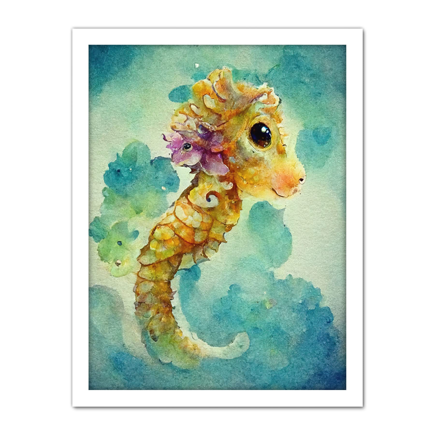 Doppelganger33 LTD Cute Baby Seahorse Kids Bedroom Watercolour Illustration Artwork Framed Wall Art Print 18X24 Inch