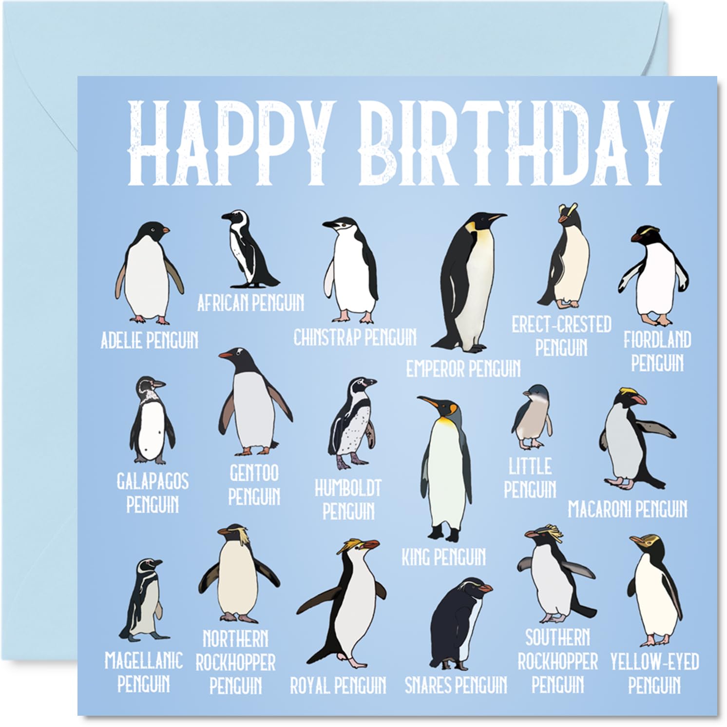 Playful Birthday Card - Cheeky Penguin Parade - Blue and White Card with a Waddle of Quirky Penguins - Guaranteed to Bring a Smile - 145mm Square, Envelope Included