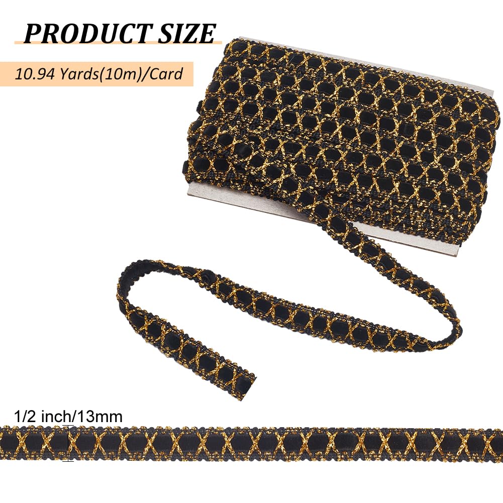 MAYJOYDIY 11 Yards Black Gold Metallic Gimp Braid Trim Suede Lace Ribbon 0.5inch Metallic Edge Decorative Woven Gimp Fringe for Curtain Lampshades Sewing Bag Costume DIY Crafts