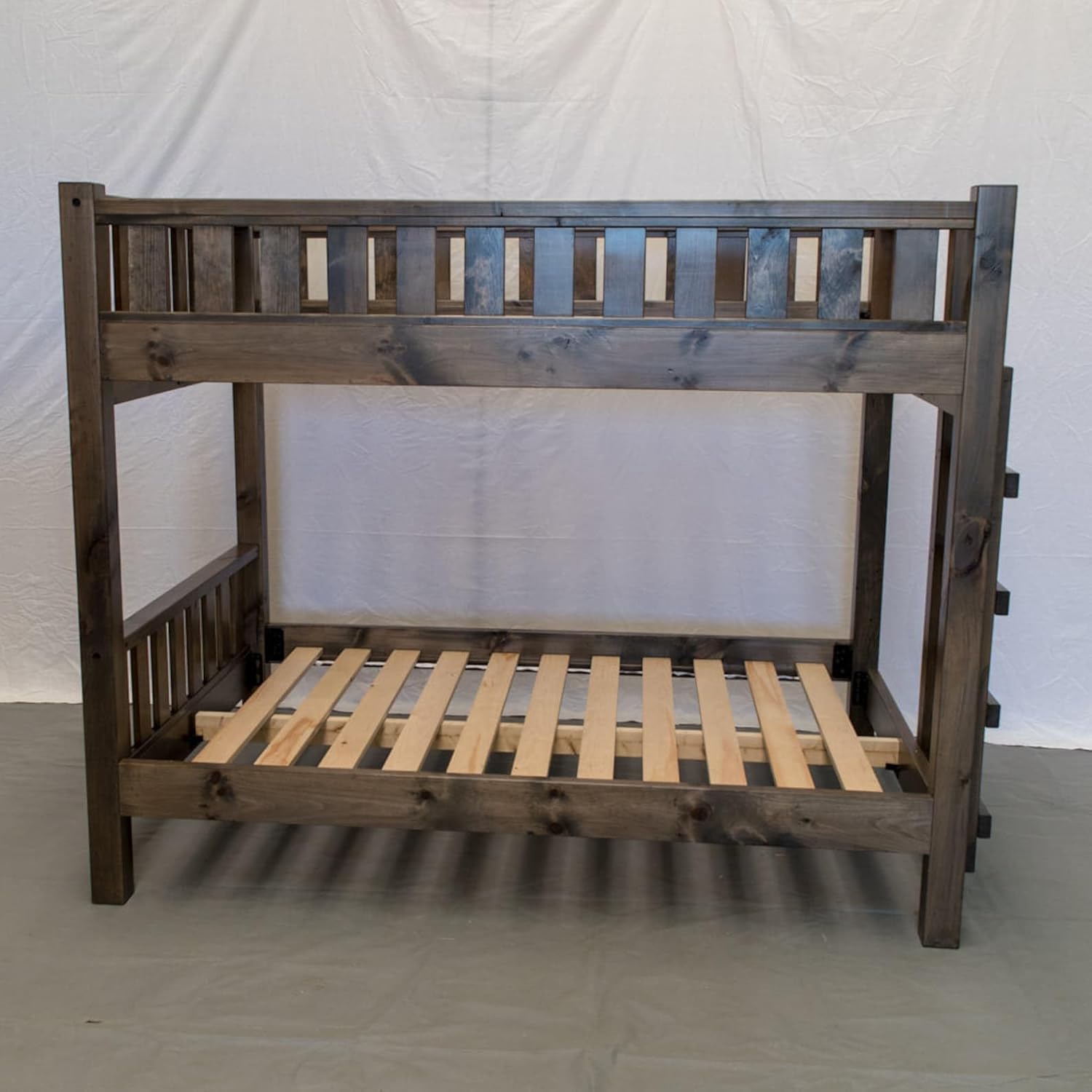 Farmhouse Wood Bunk Bed Frame, Twin Over Twin Size - Rustic & Modern Style, Brown Finish, Adults, Kids, Amish Handcrafted in USA