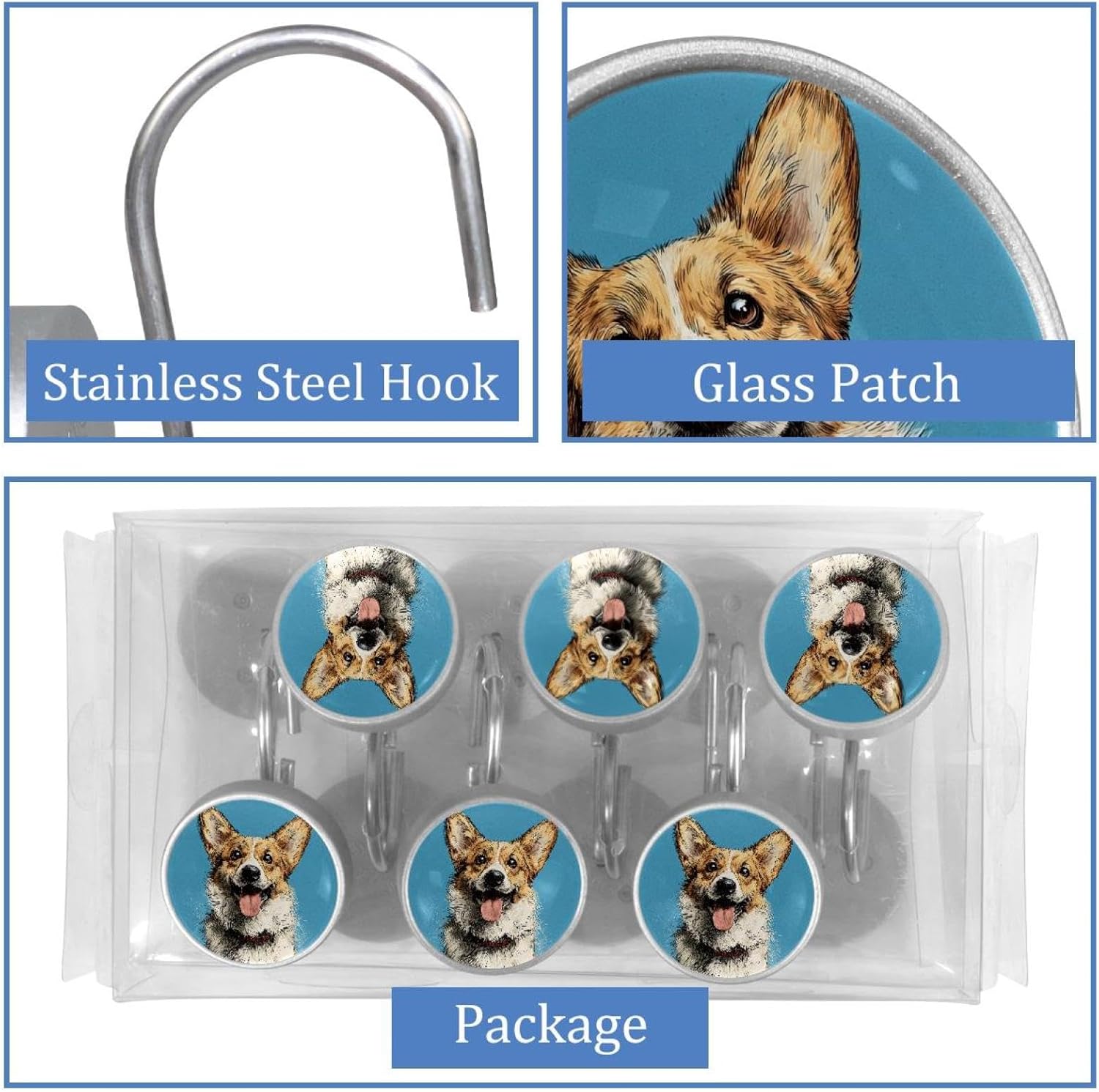 Set of 12 Corgi Dog Shower Curtain Hooks, Stainless Steel Shower Hangers for Bathroom, Rustproof Decorative Shower Rings for Bedroom Living Room Shower Curtain Rod