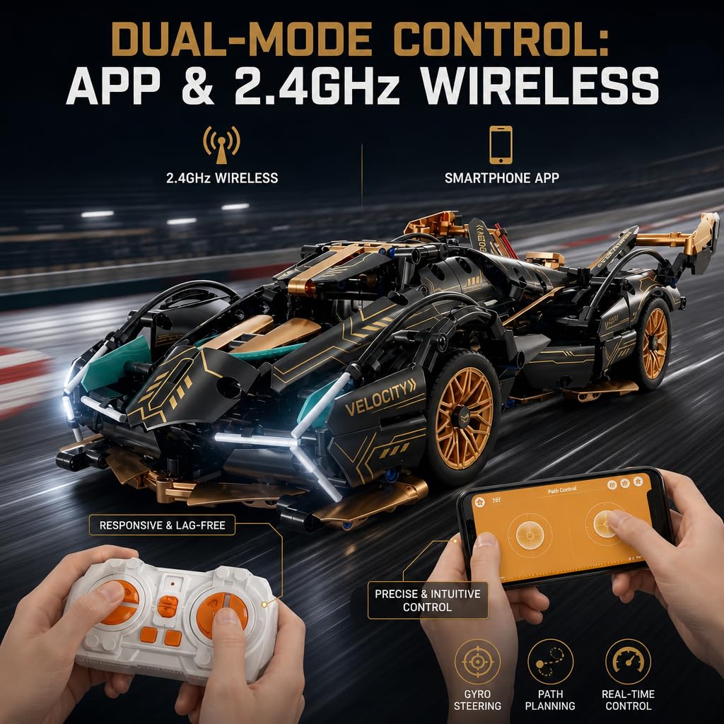 Coche RC, Coche teledirigido, 1:14 con LED Modelo Kit | coche RC: luces LED, funciones motorizadas y doble control; montaje en familia, conducción interior, exposición y regalos