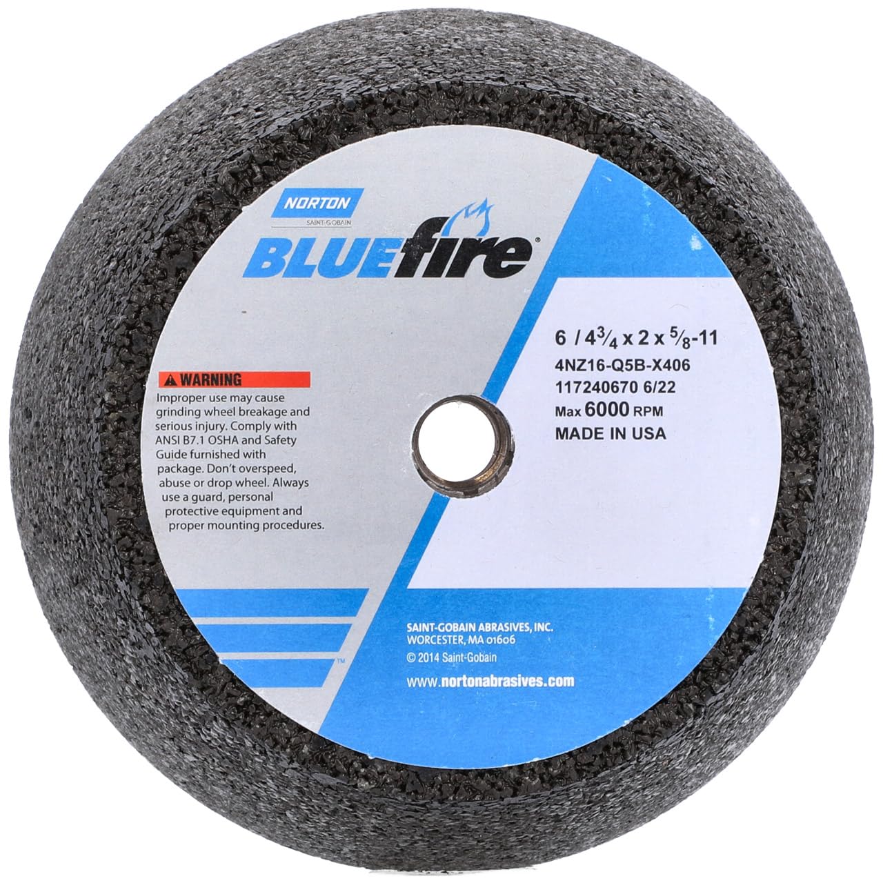 Norton 66253198584 6x2x5/8-11 in. BlueFire ZA Non-Reinforced Portable Snagging Wheels, Type 11, 16 Grit, 5 Pack