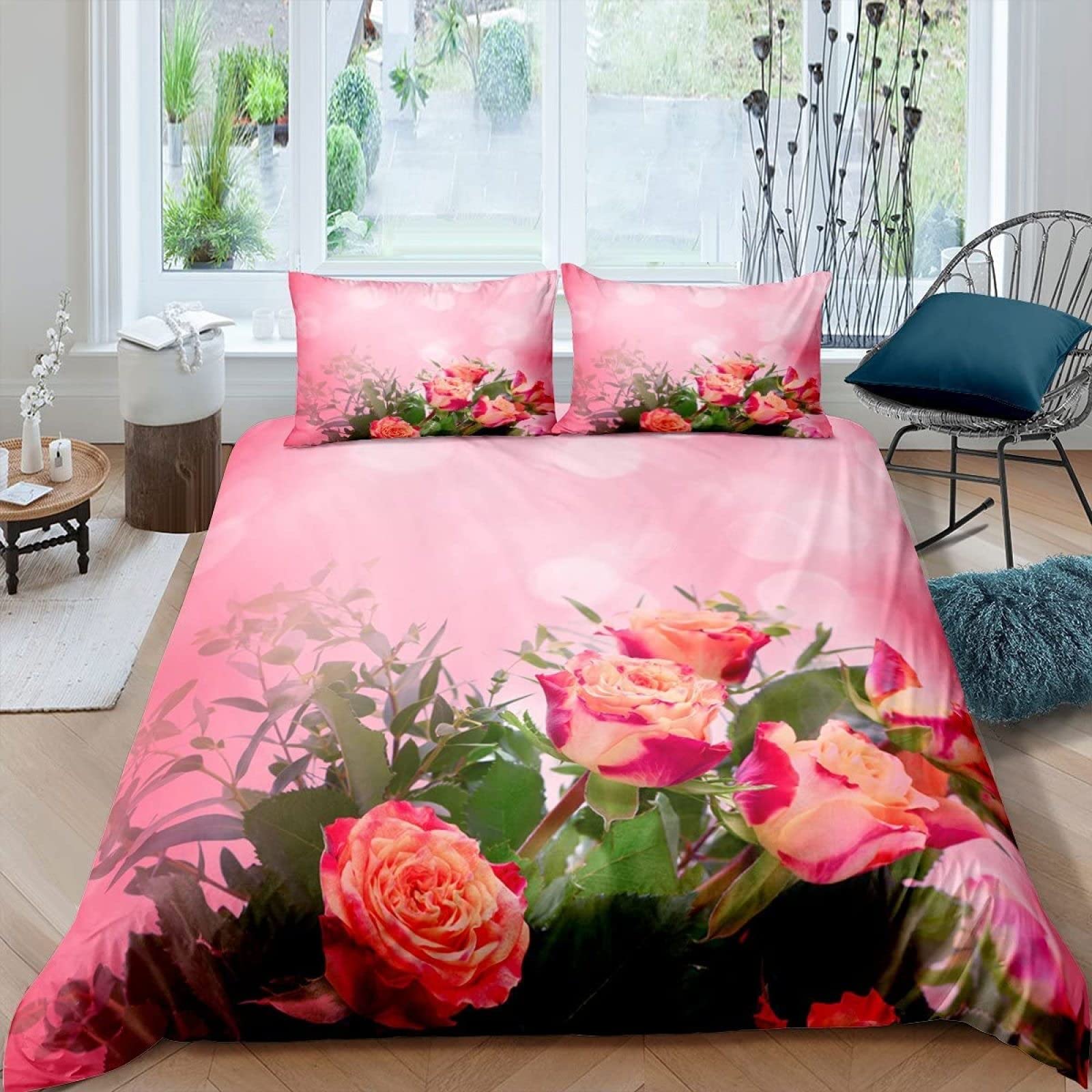 Kinder Bettwäsche-Set 135x200 Cm Mit Blumen & Vögeln - 3D Mikrofaser Bettbezug & 2 Kissen