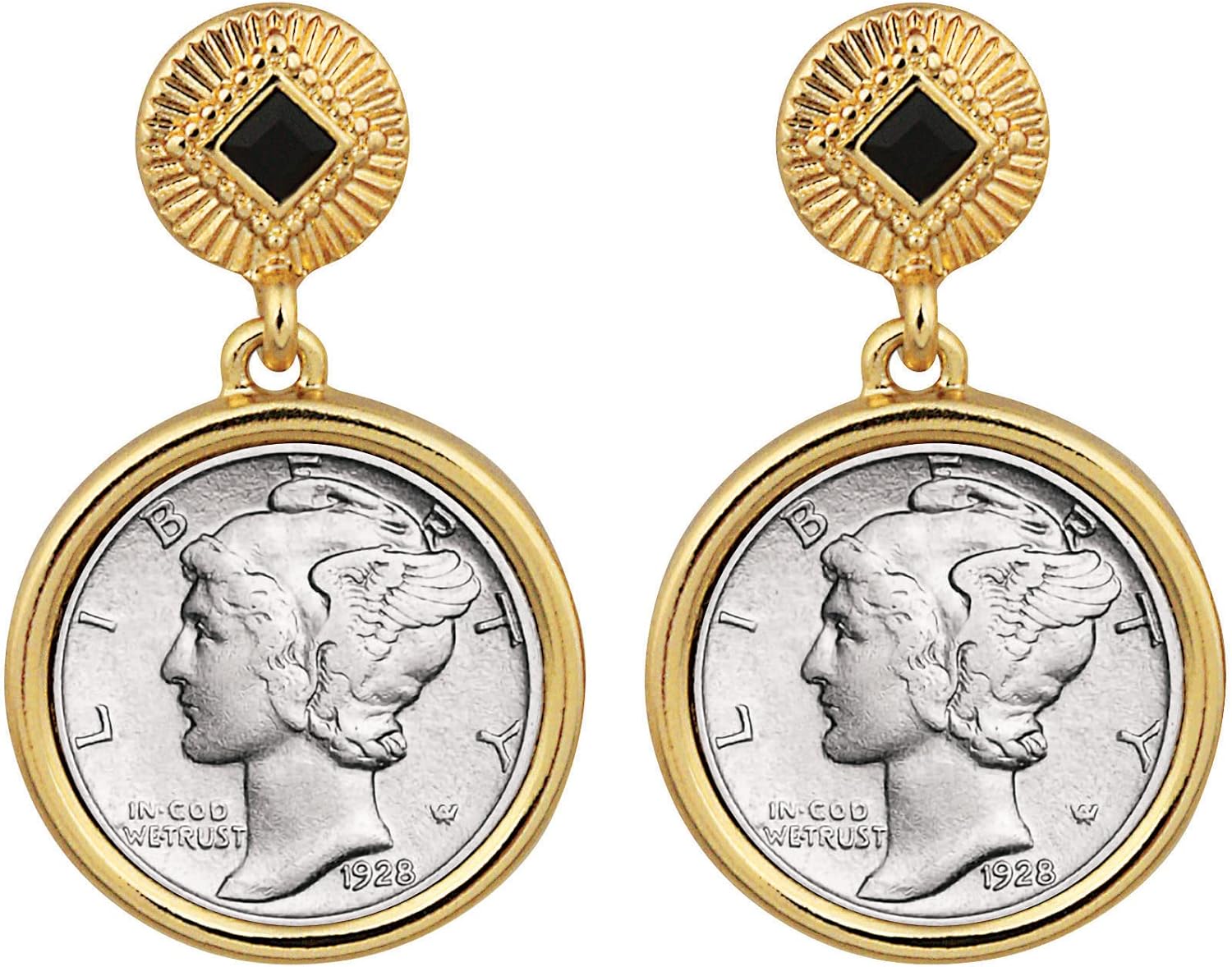 Earrings Mercury Dime Coin Jewelry- Post Pin Style- Goldtone Bezel-Minted in United States- Art Deco