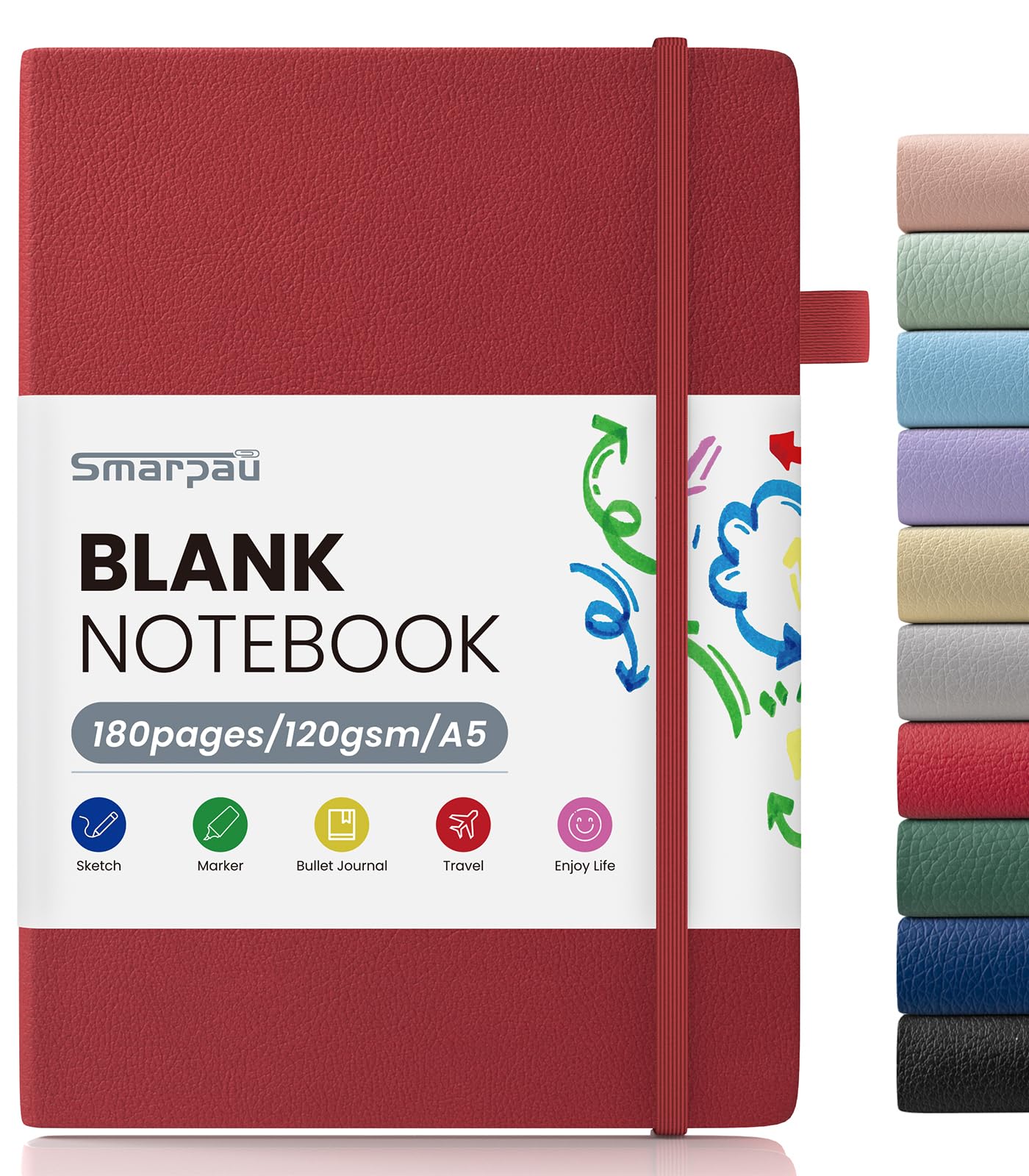 Smarpau A5 Unlinedd Notebook 180 Pages, Leather Plain Journal Notebook with 120gsm Thick Paper, Hardback Blank Note Book for Drawing School Travel - Red