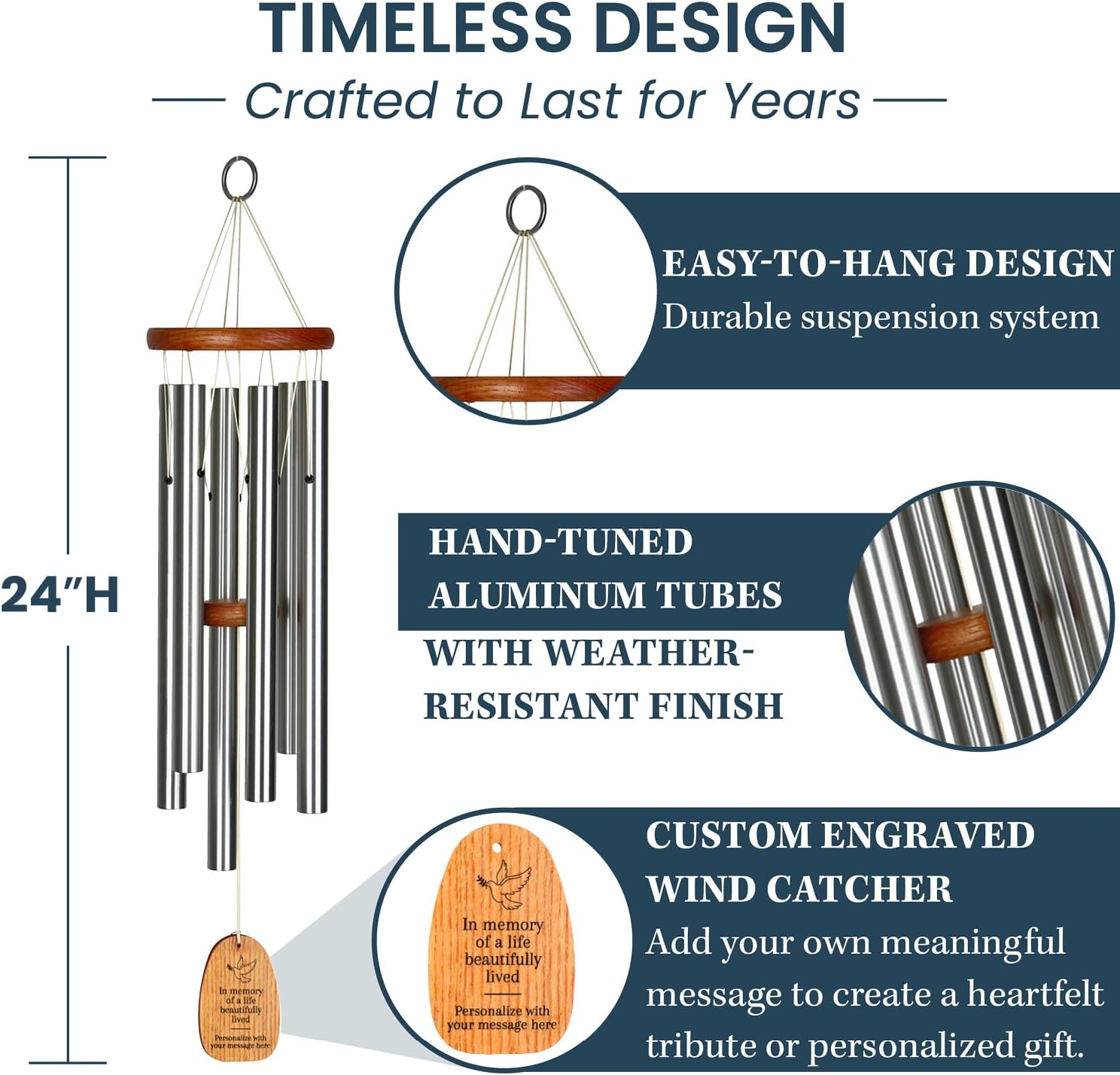 Woodstock Wind Chimes Personalized Amazing Grace Memorial Chime for Outside 24'' Medium Silver Sympathy Customized Dove Inspirational Wind Chime for Outdoor Patio Home Garden Decor